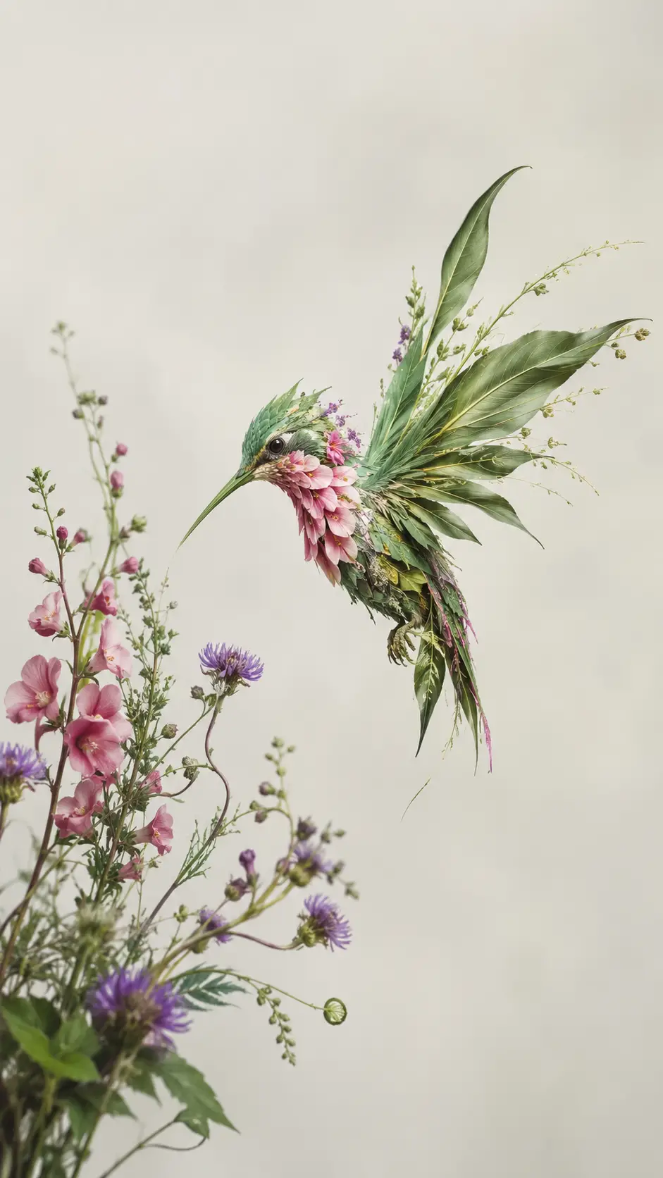 野の花のそばで羽ばたくハチドリのエアリーなリアルペインティング