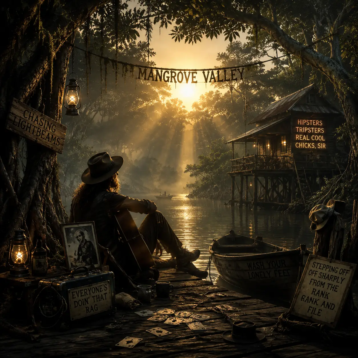 Person sitting in a mangrove valley with streaming light beams
