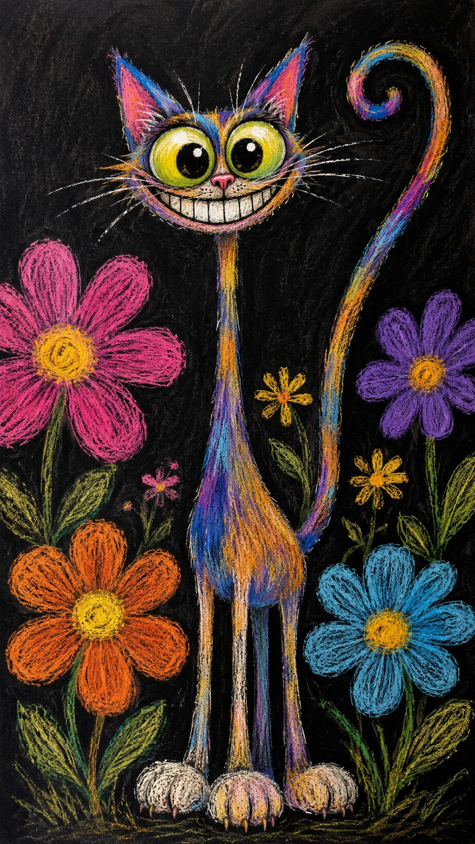 Gato de Giz Brincalhão com Flores Gigantes em Fundo Escuro