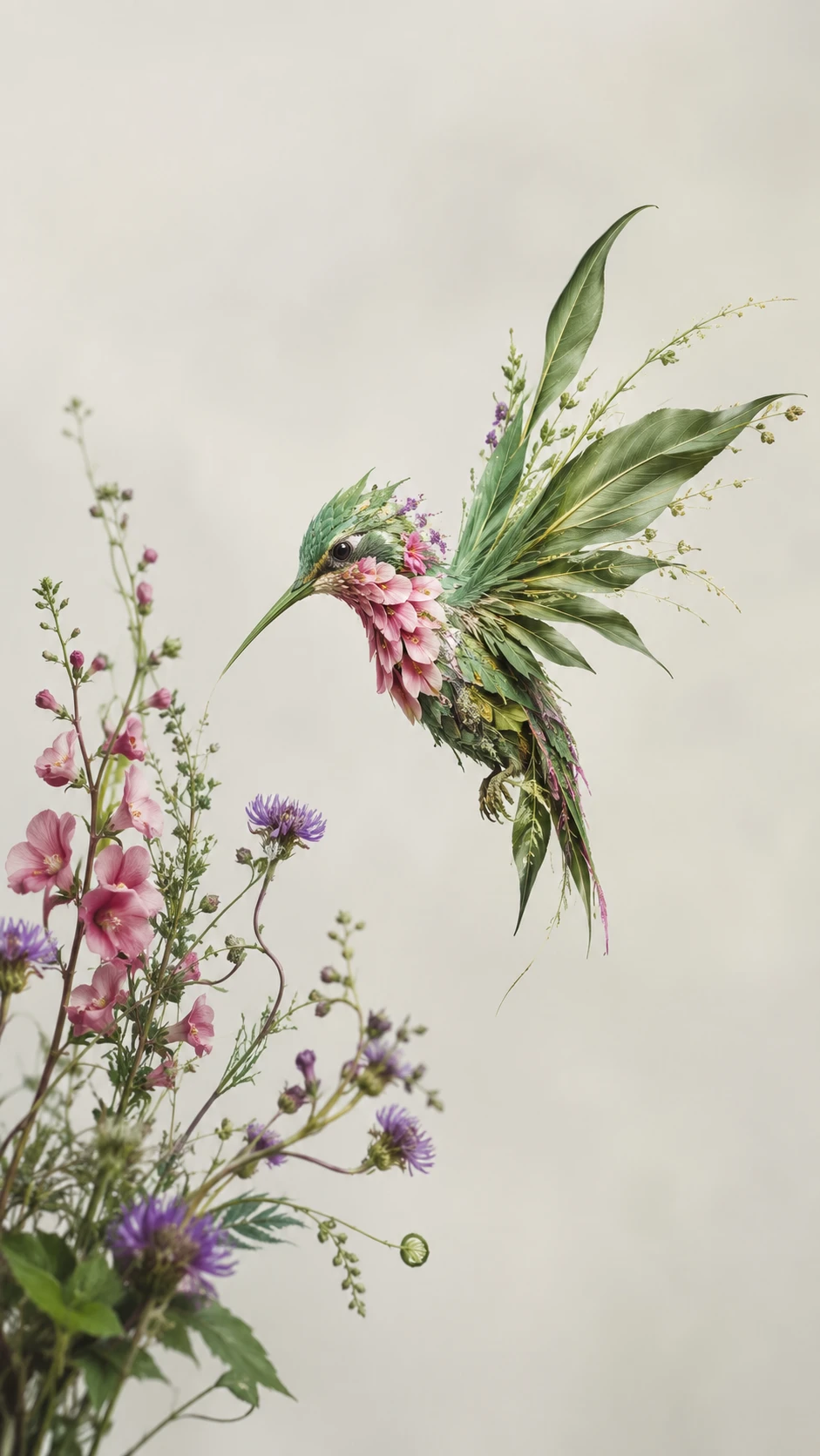 Beija-flor pairando ao lado de flores silvestres em pintura realista e arejada