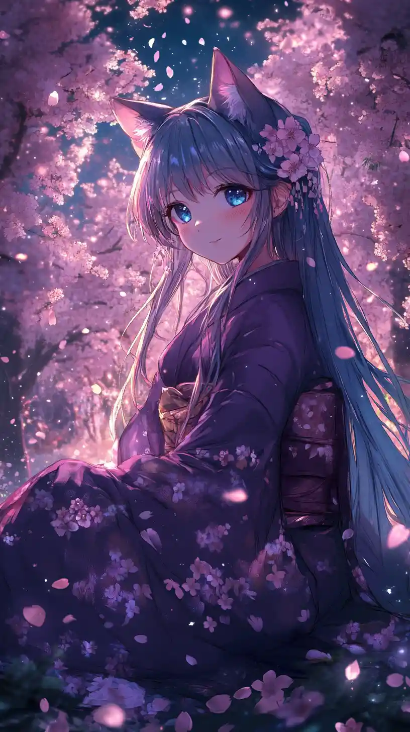Ragazza anime in kimono sotto i ciliegi in fiore di notte