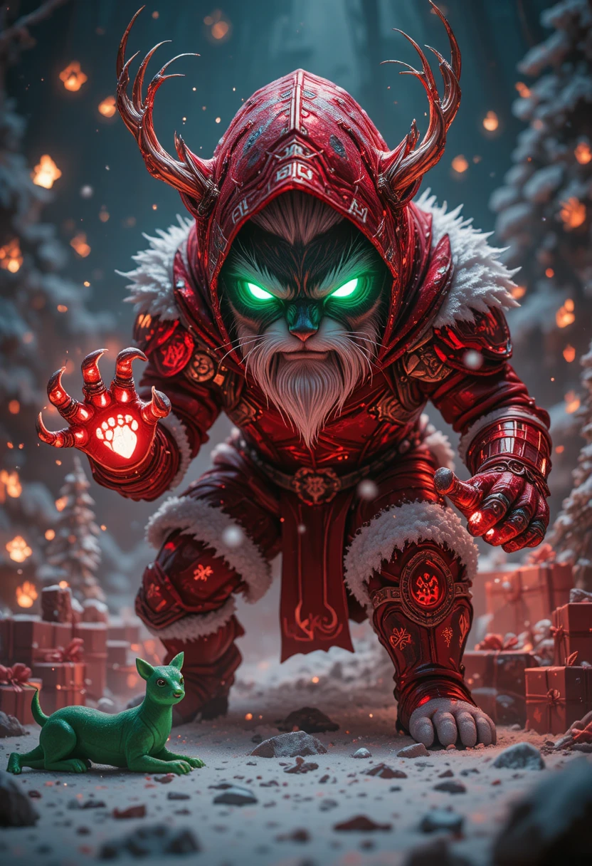 Guerrier chat tigré de cristal en armure de Père Noël couverte de runes