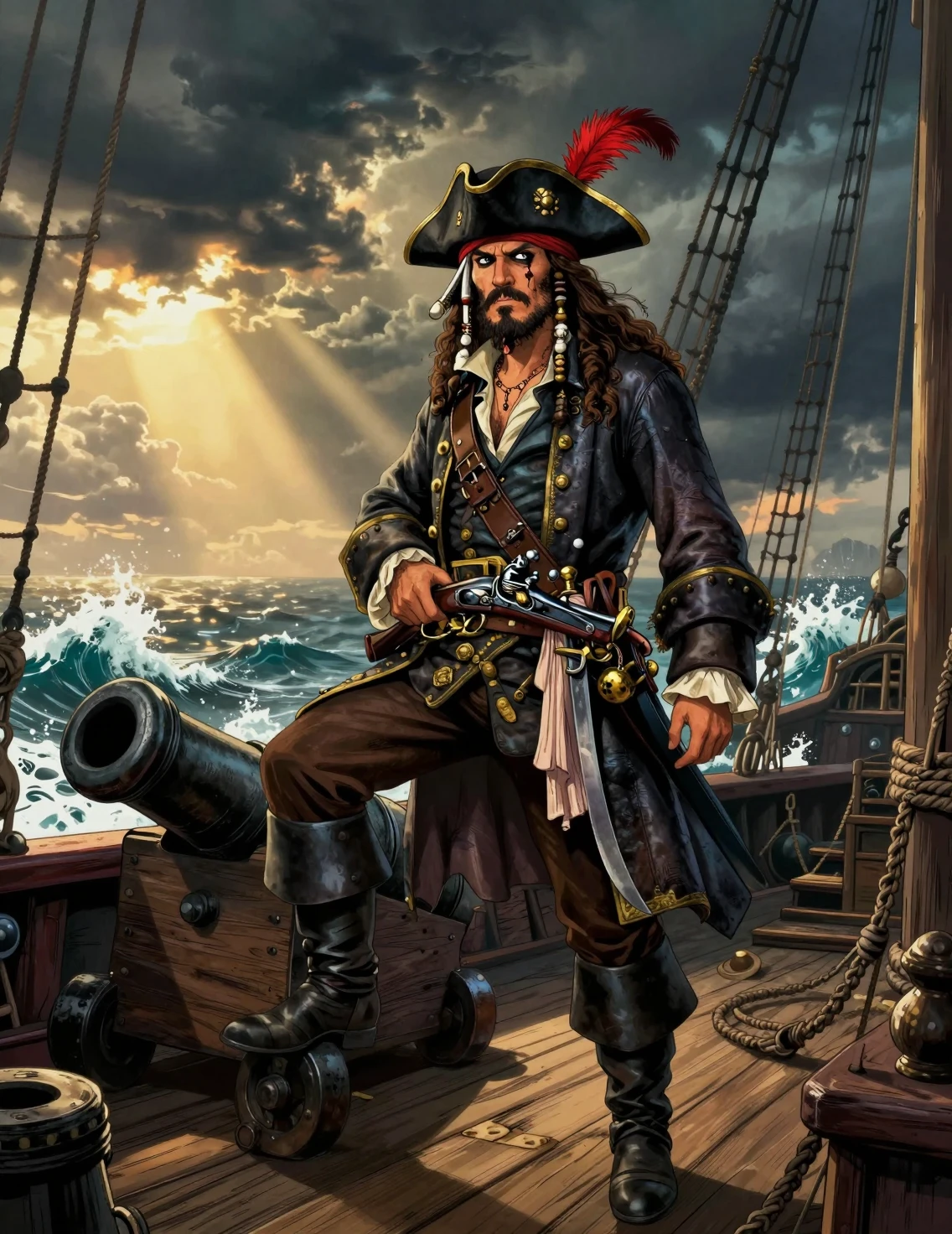 Capitão pirata em convés tempestuoso em estilo de graphic novel