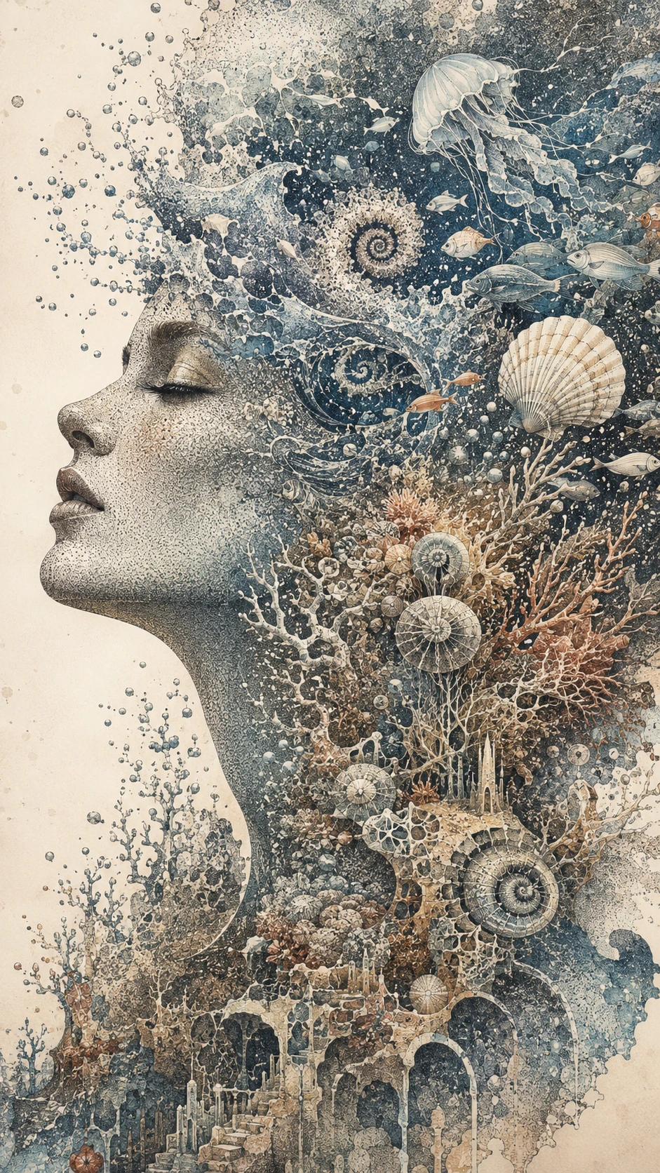 從海浪中浮現並化為海洋生物的人形側臉