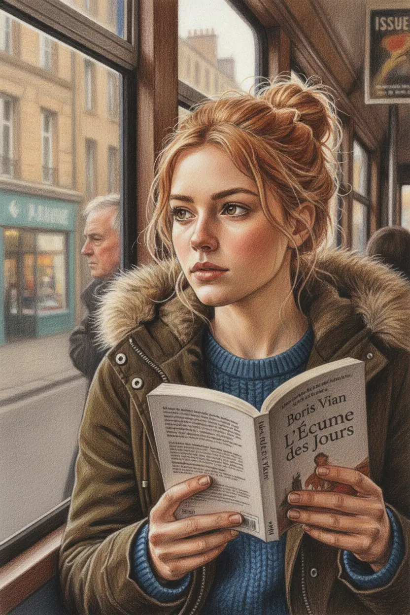 Young woman reading on a city bus in soft light