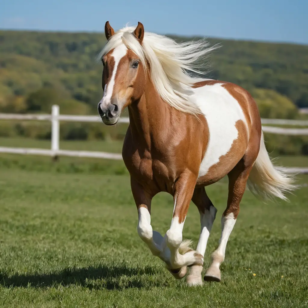 Cavallo bianco e marrone al trotto in un prato soleggiato