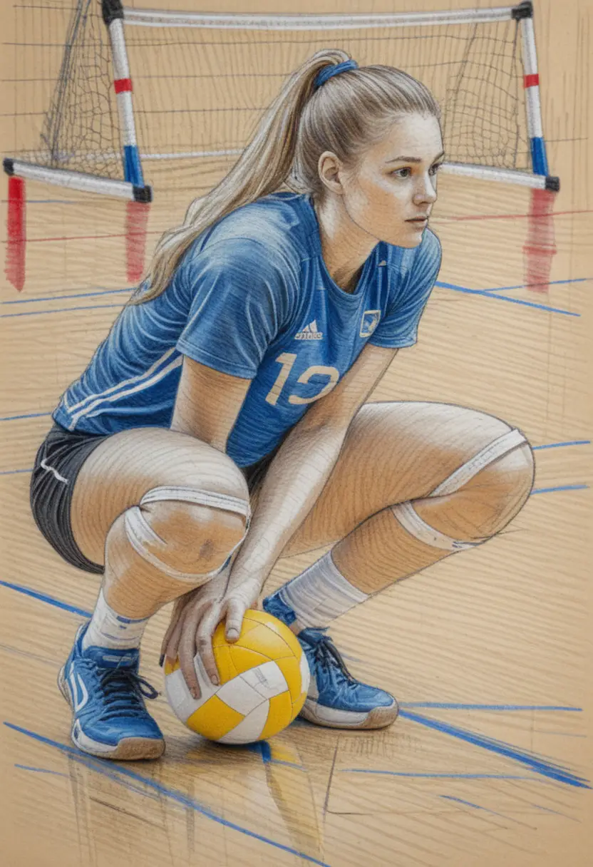 Technical sports drawing of a volleyball girl in defensive squat