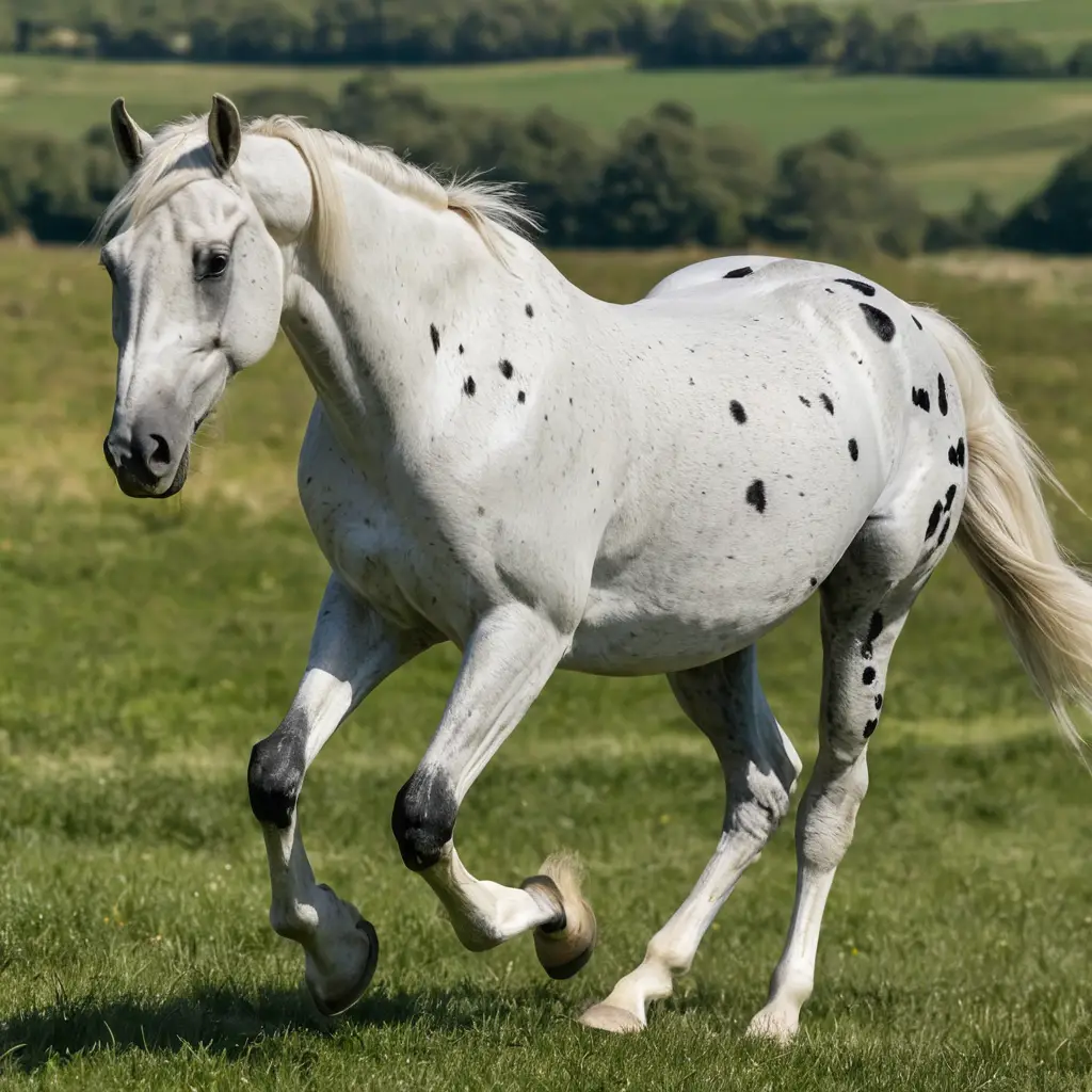 Cavallo bianco a macchie che trotta in un soleggiato prato verde