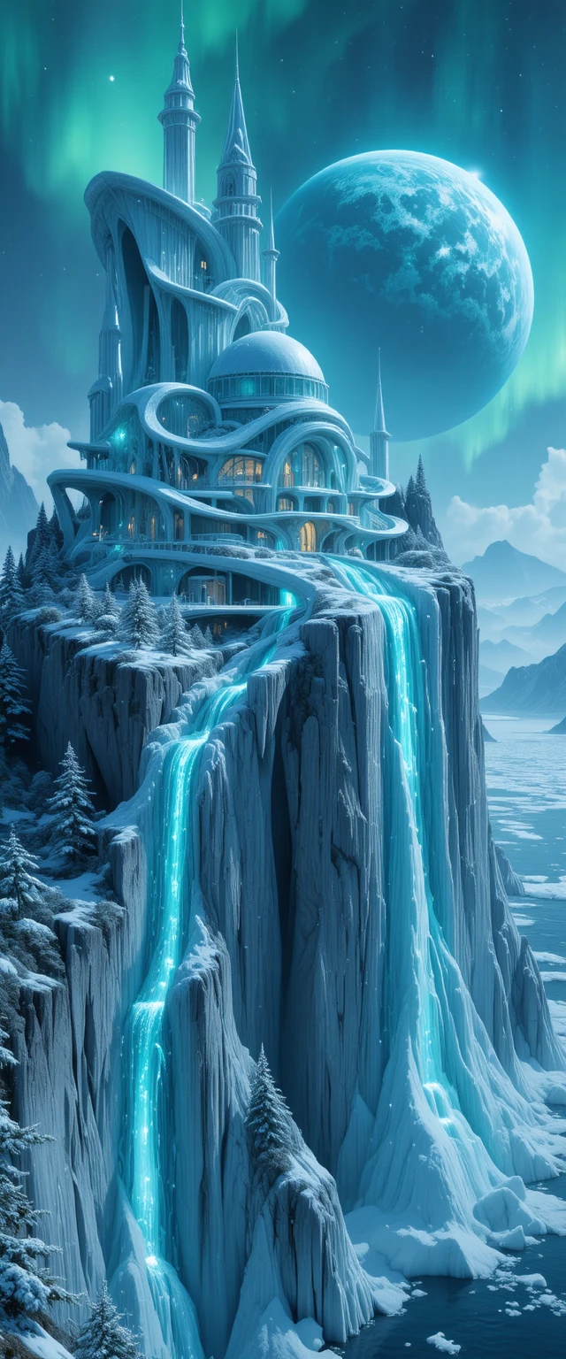 Cittadella di ghiaccio futuristica su una maestosa scogliera glaciale