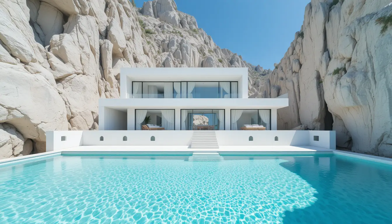 Villa moderna con piscina a sfioro in canyon di calcare bianco