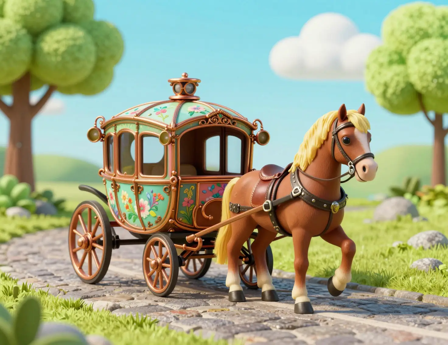 Whimsical Tiny Horse Carriage On A Cobblestone Road