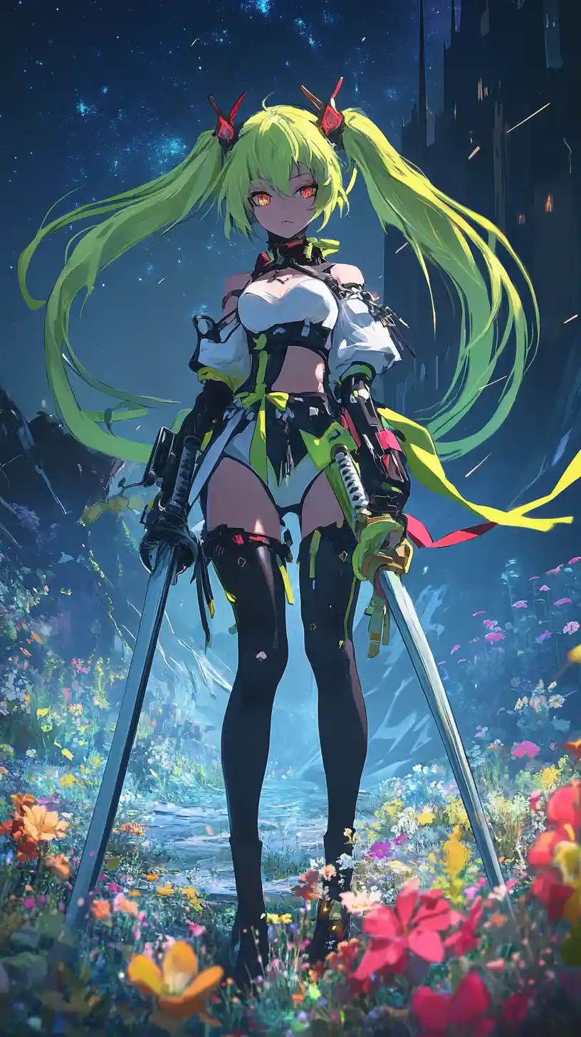Guerrera anime posando con espadas gemelas en postura de batalla