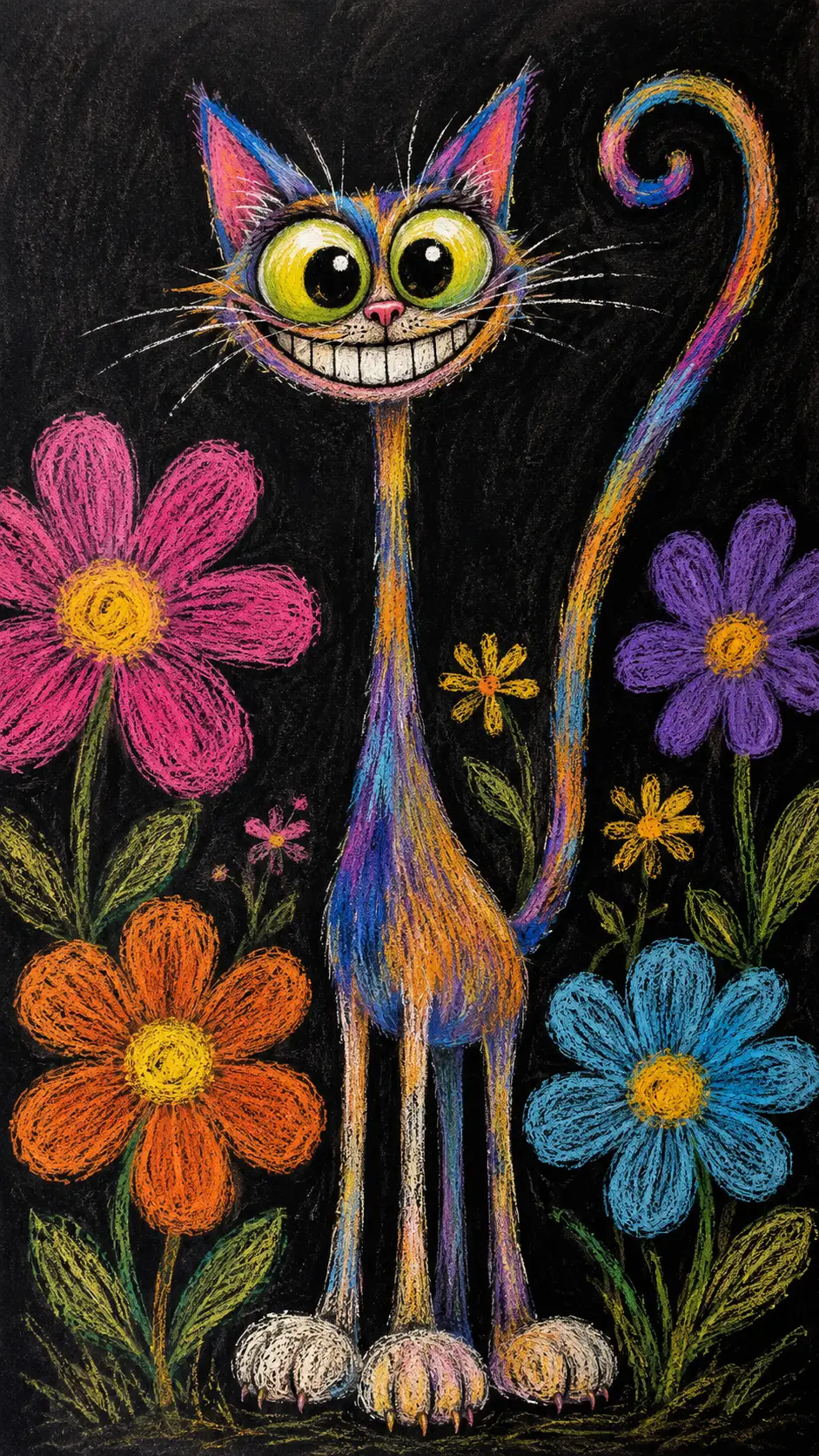 Playful Chalk Cat With Giant Flowers On Dark Background
