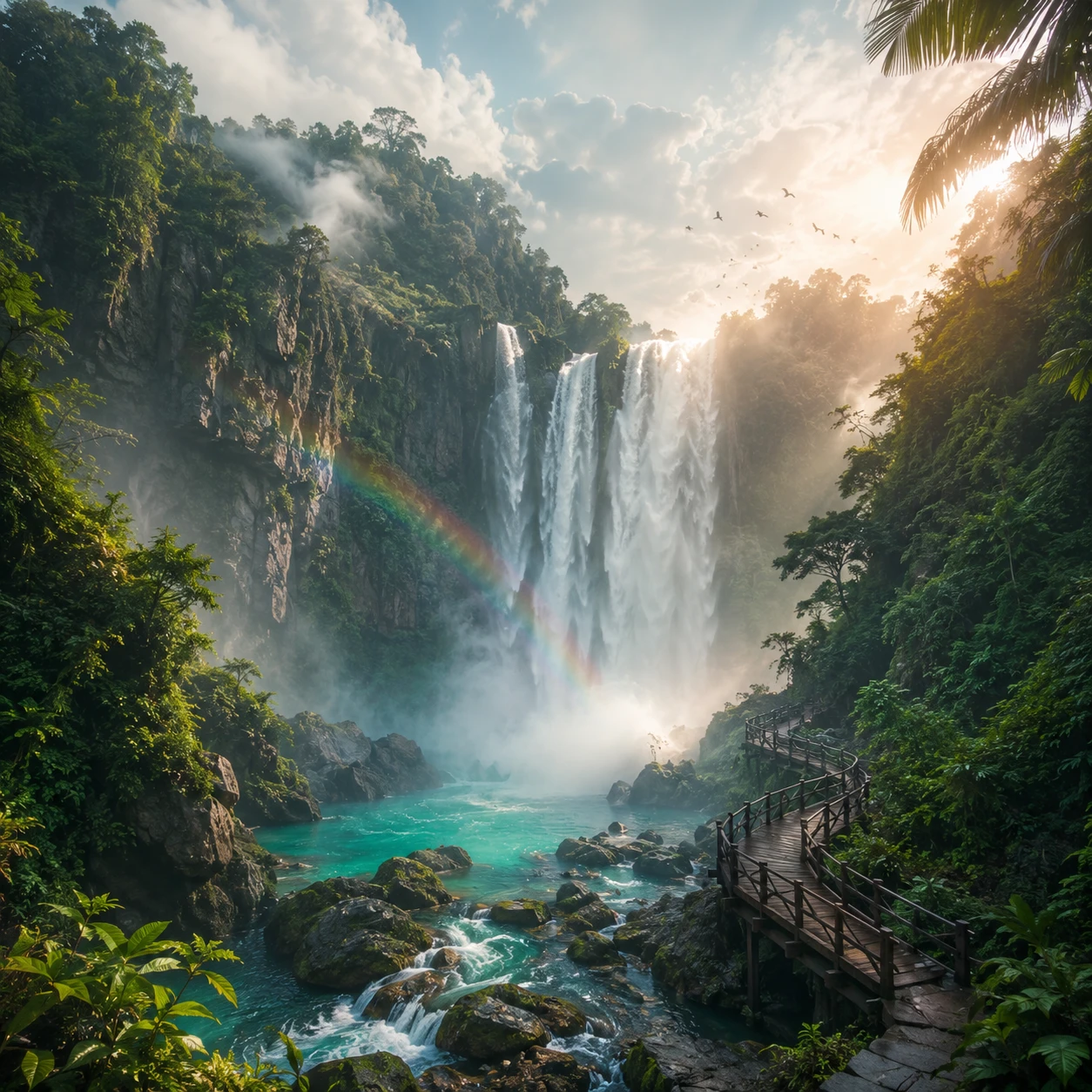 Cascade cinématographique se jetant dans un bassin turquoise au cœur de la jungle
