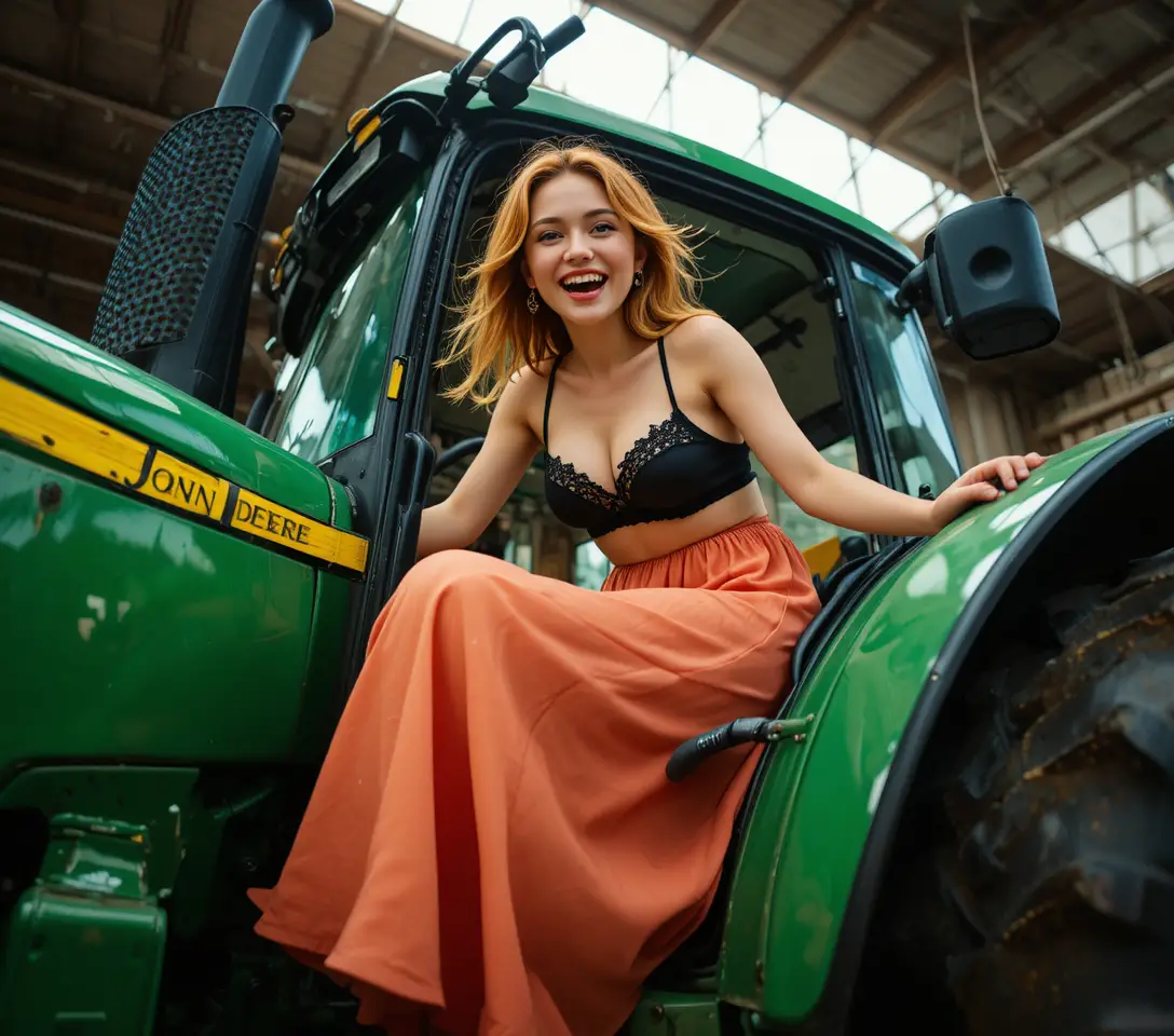 Jeune femme grimpant sur un tracteur dans une grange lumineuse