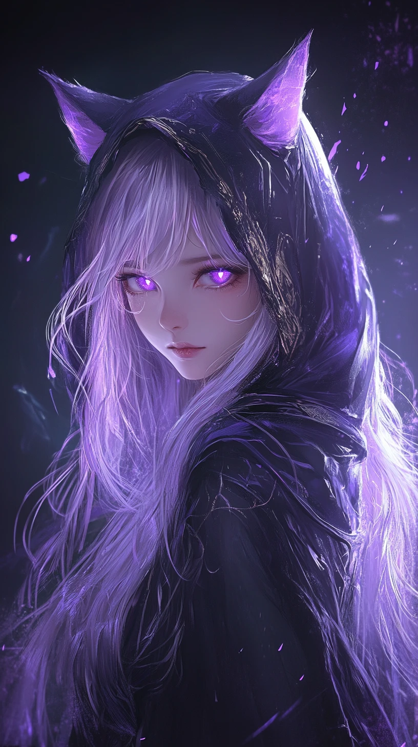 Donna anime incappucciata con occhi viola luminosi nell’oscurità
