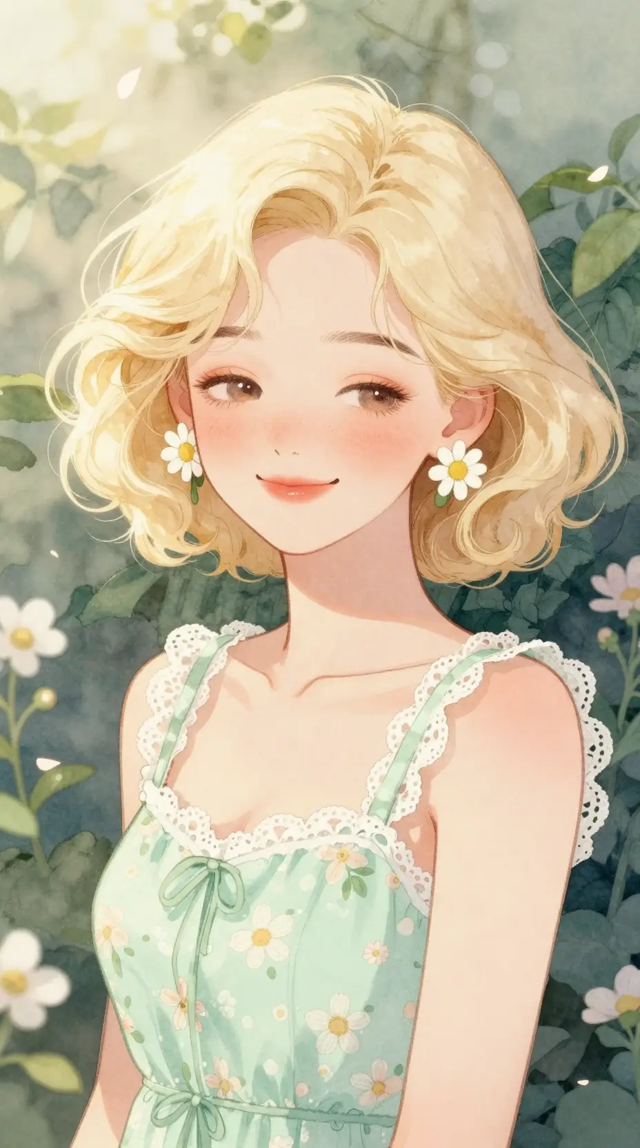 花洋裝害羞金髮女孩的水彩肖像