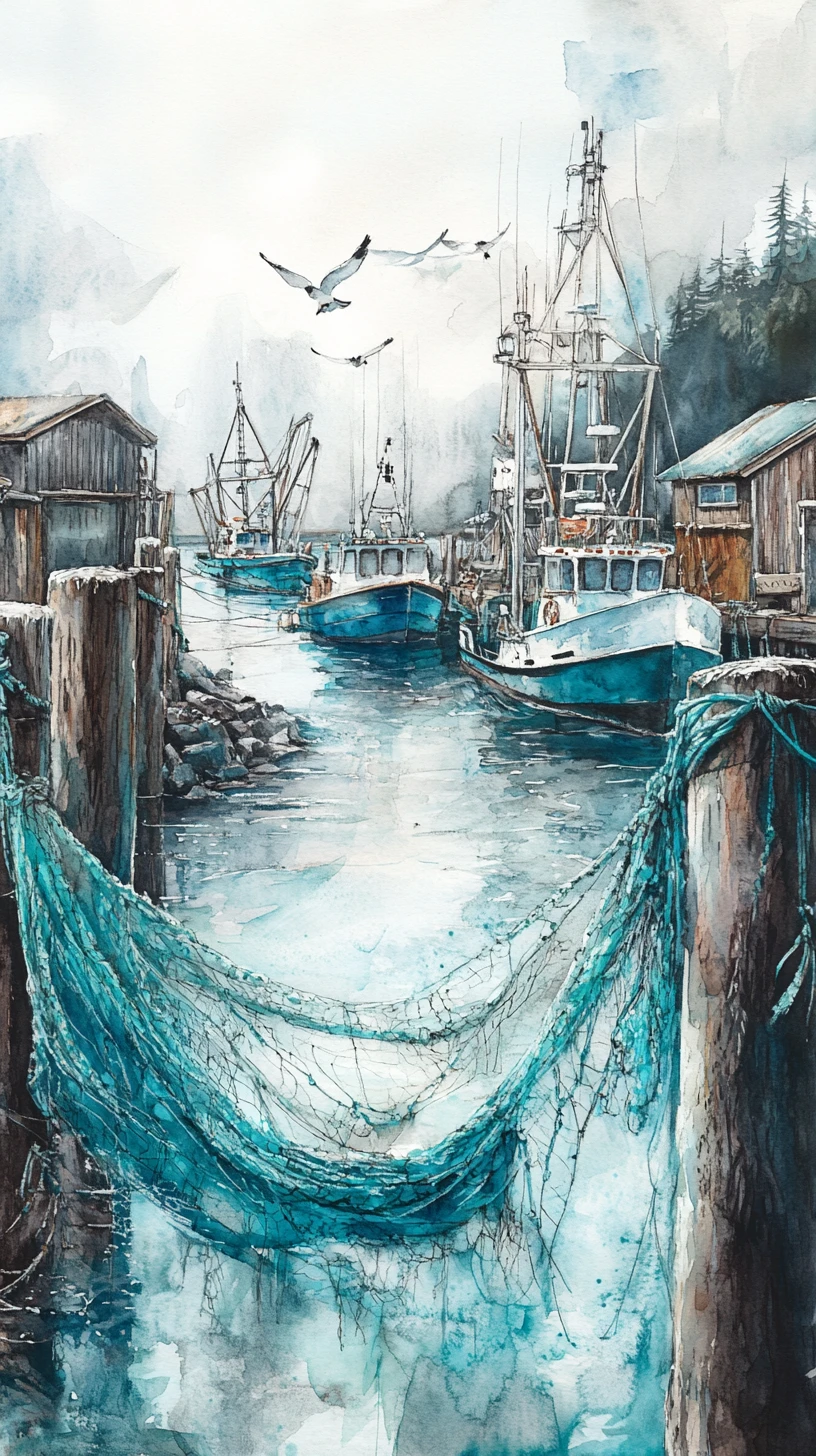 Porto tranquilo em aquarela com barcos de pesca e gaivotas