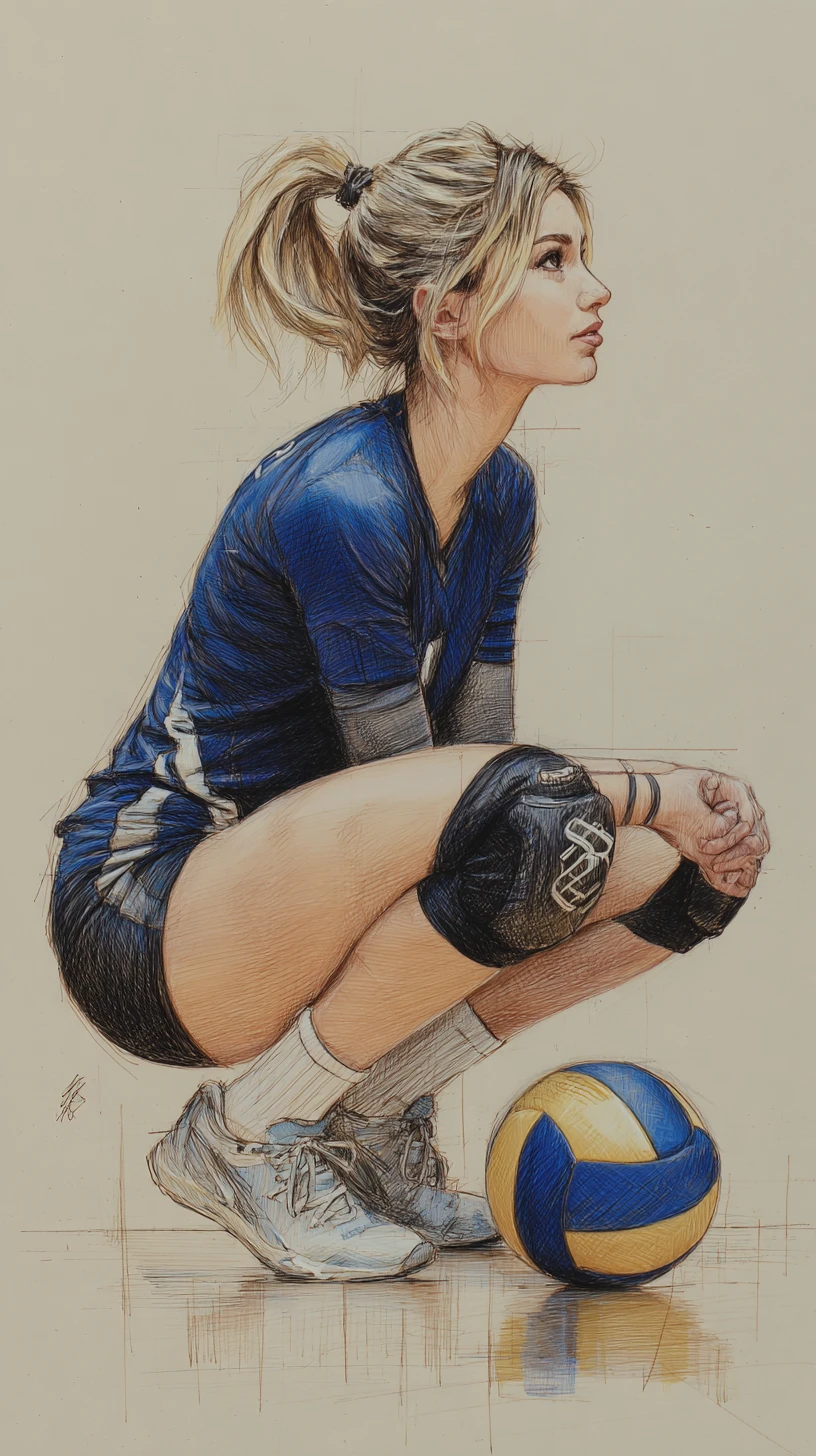 Jugadora de voleibol en cuclillas baja defensiva en la cancha