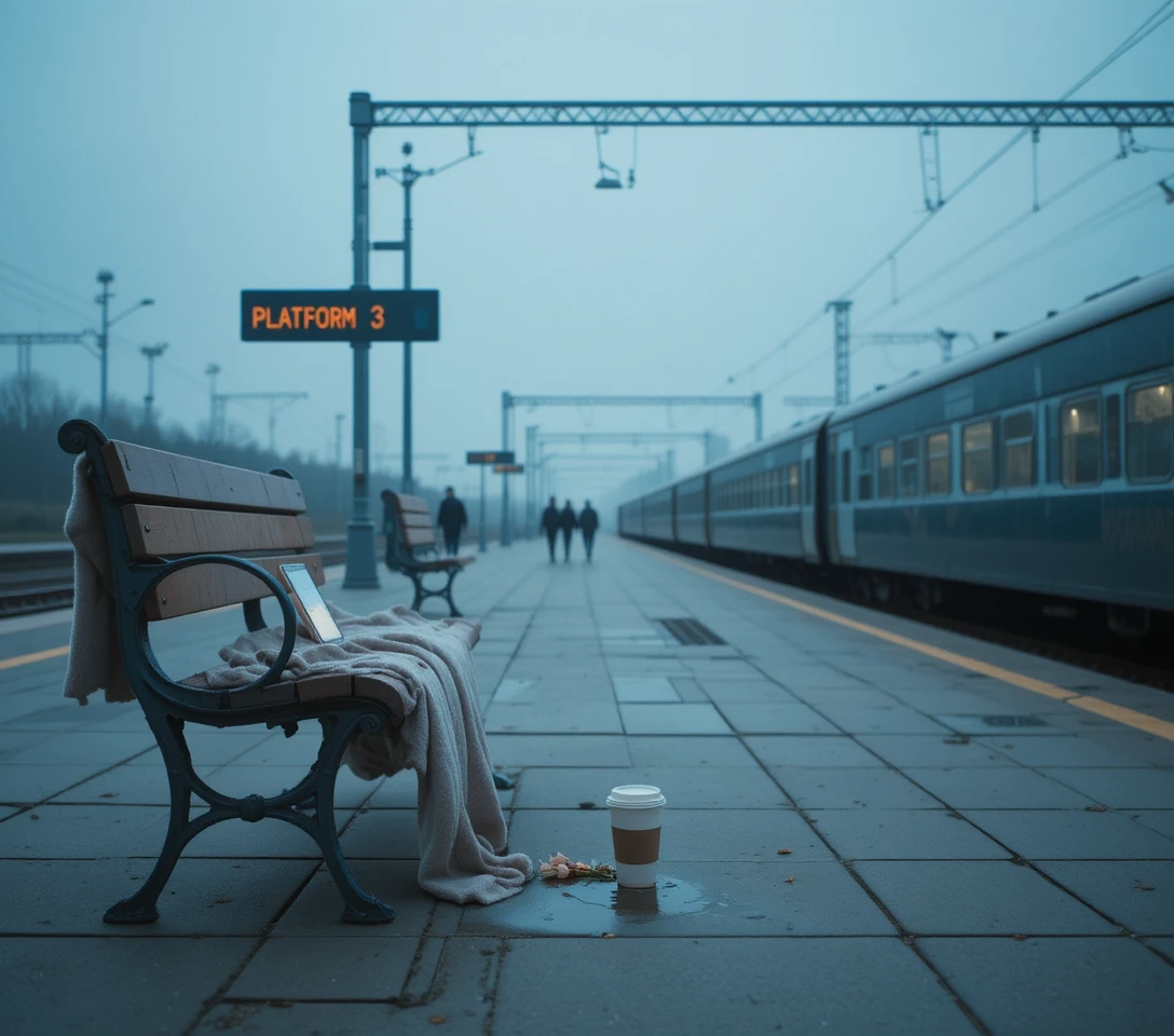 Einsamer Bahnsteig mit Bankdecke und verschüttetem Kaffee