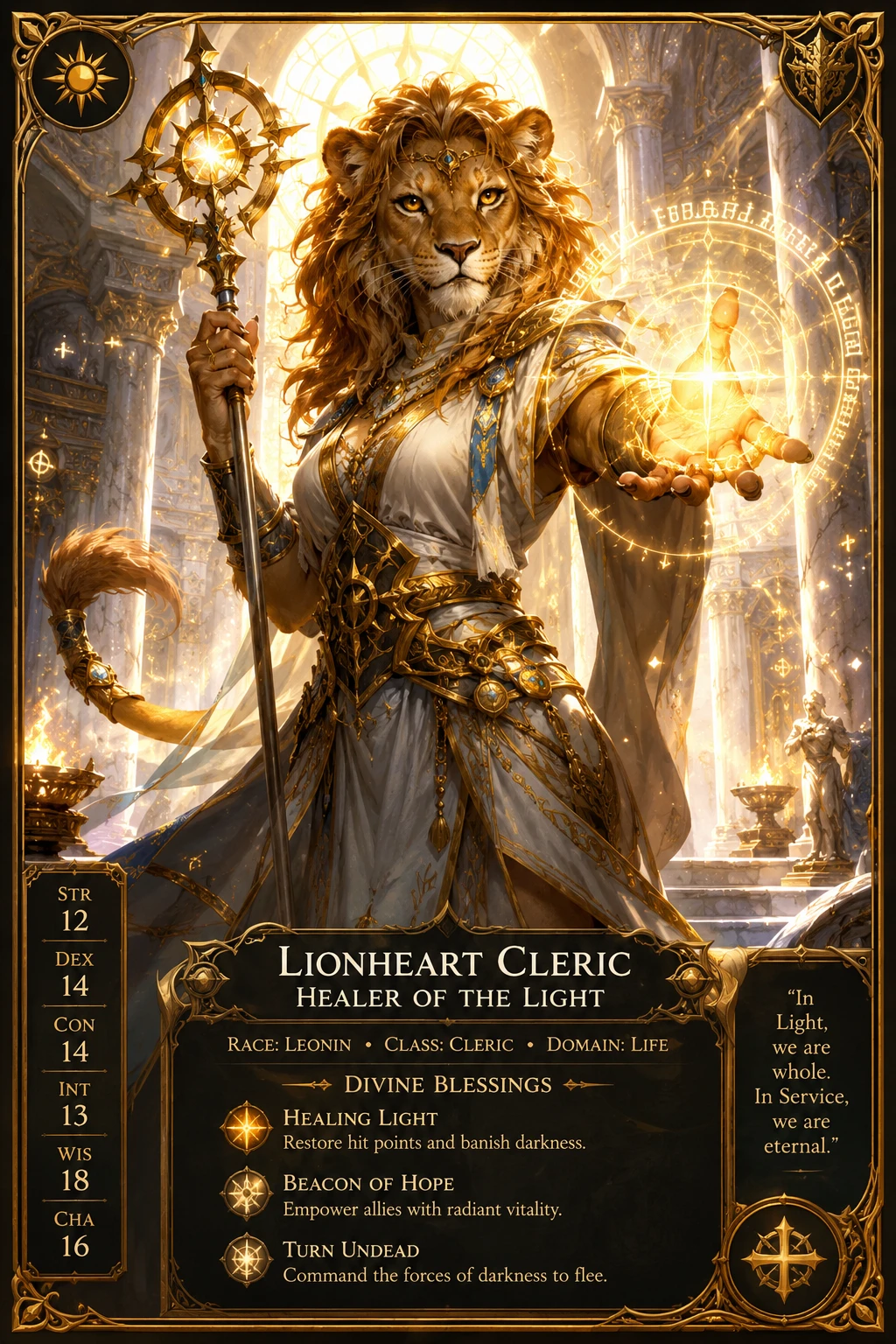 Garota leoa curandeira conjurando magia de luz em um grande templo