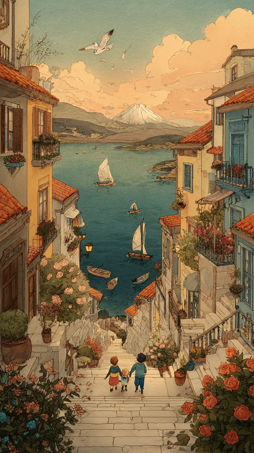 Caminho em vila costeira em aquarela levando ao mar e à montanha