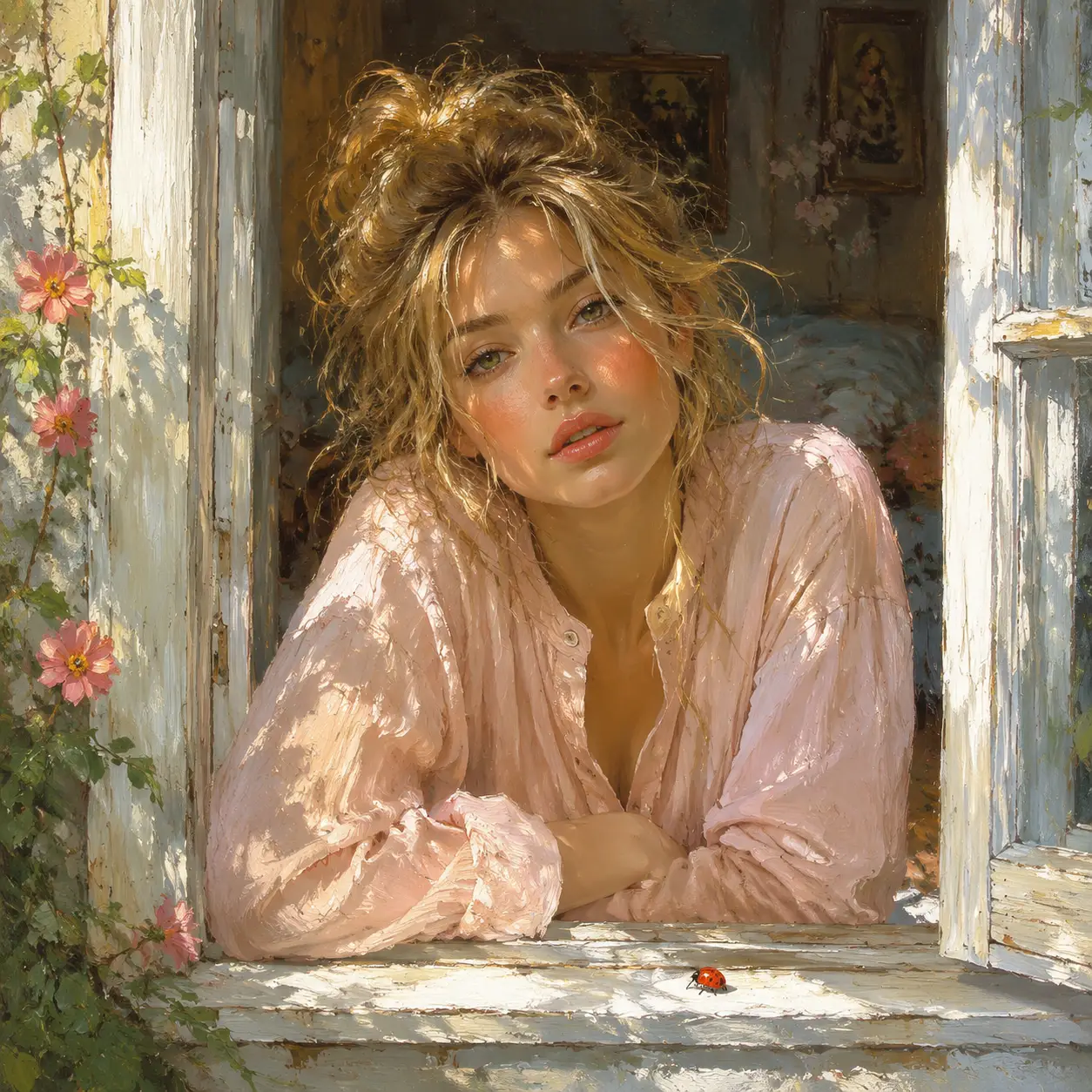 Femme blonde rêveuse en chemise de nuit rose à la fenêtre du matin