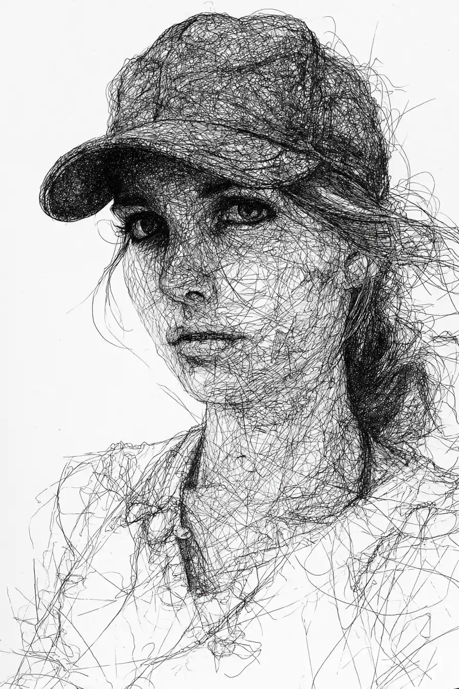 Portrait monochrome à l’encre en gribouillis d’une jeune femme avec casquette
