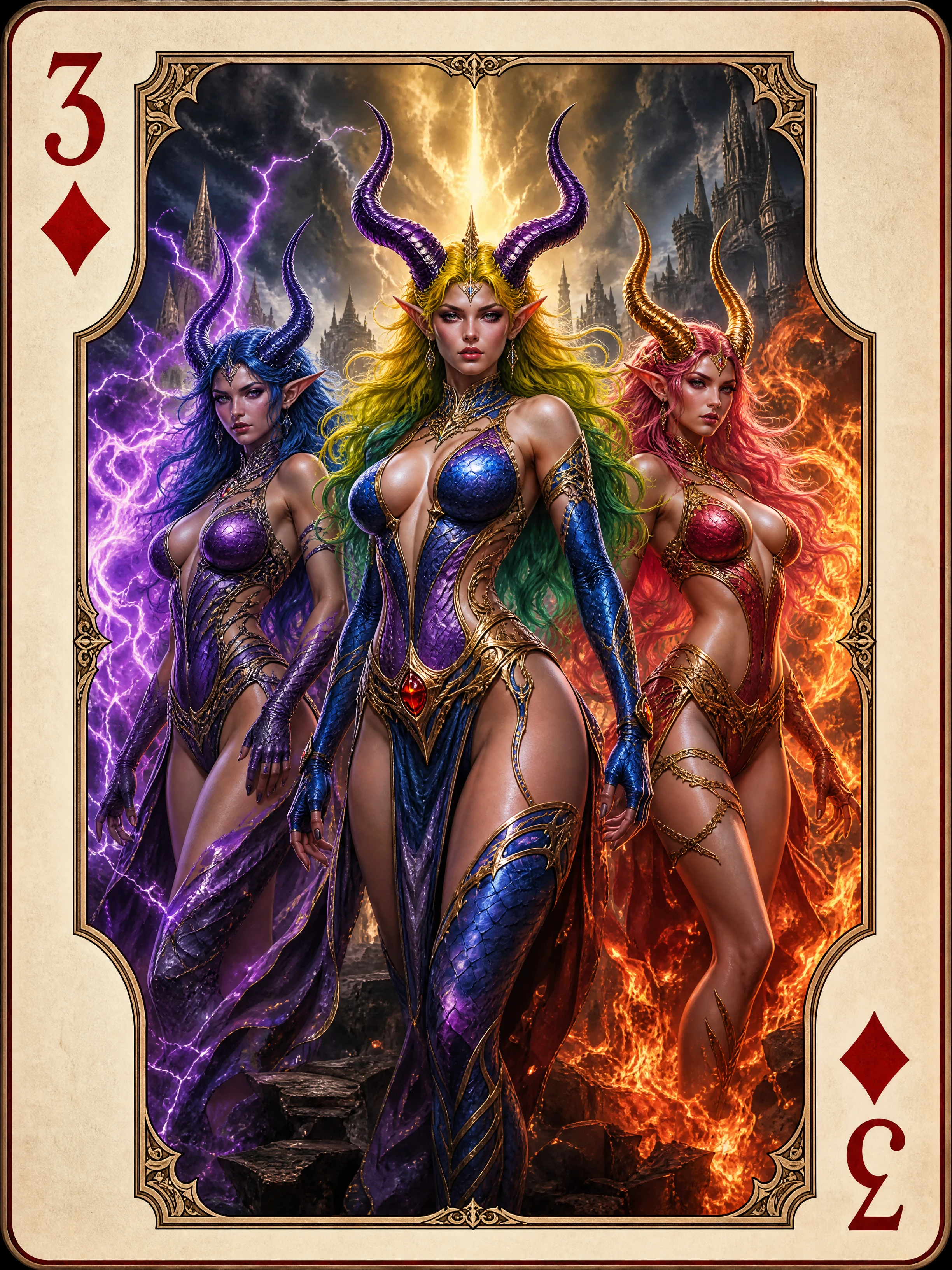 Episches Trio elementarer Fantasy-Kriegerinnen in Flammen