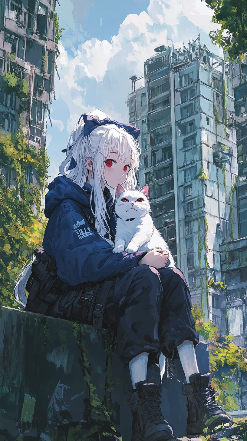 Anime-Mädchen umarmt fröhlich eine weiße Katze im Stadtpark