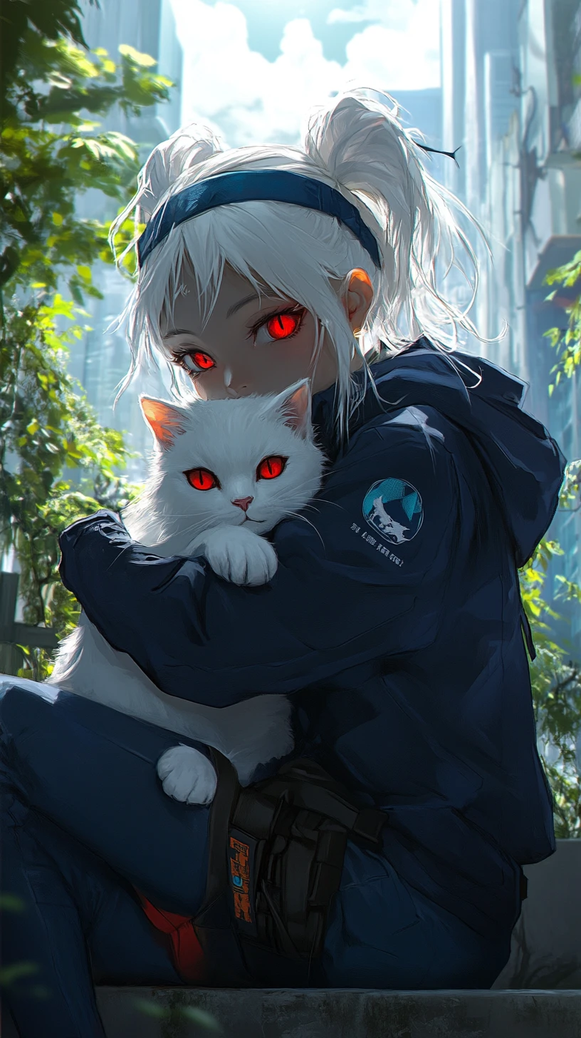 Garota de anime alegre abraçando um gato branco em cidade verde