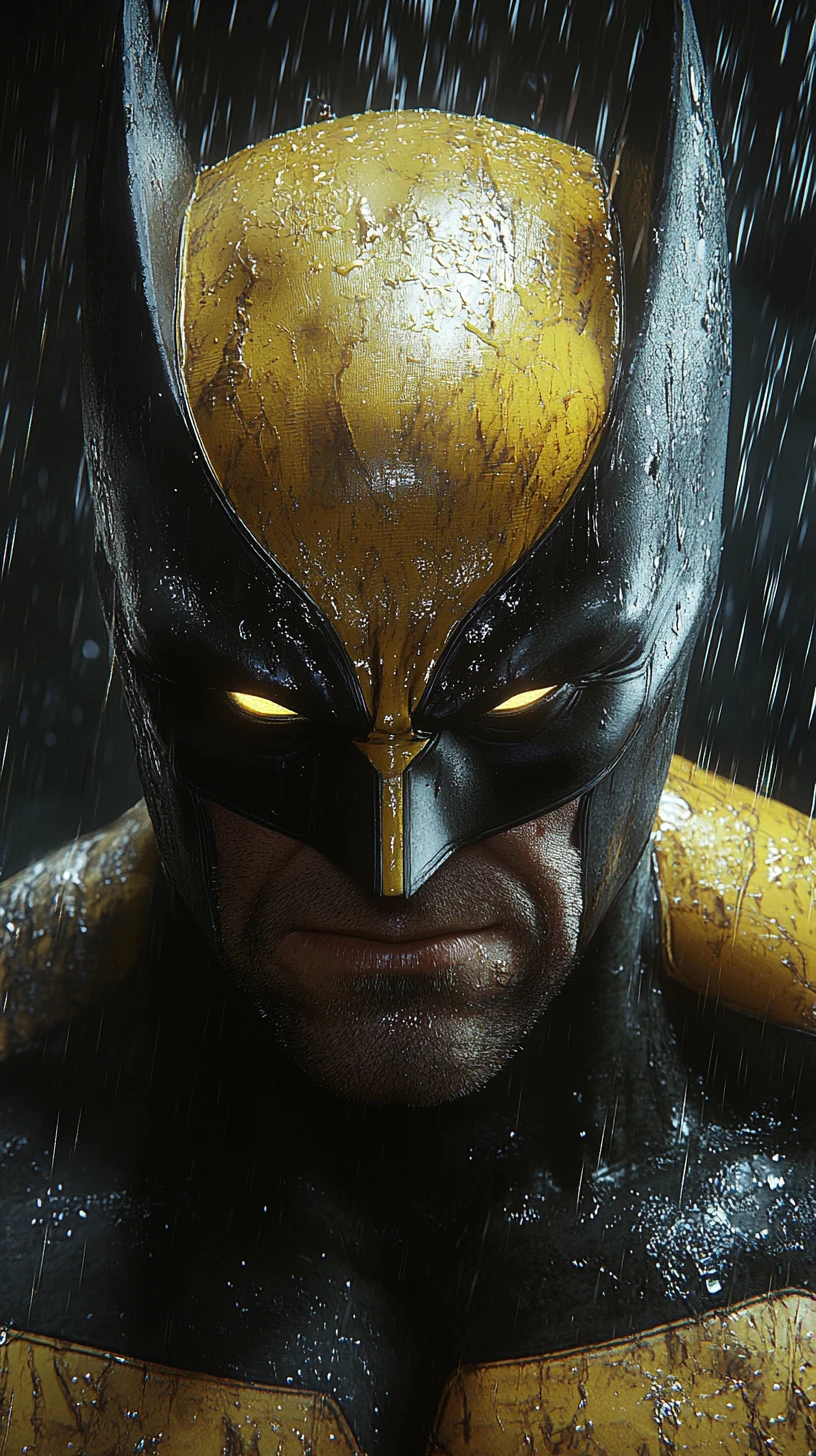 Retrato de super-herói mascarado pensativo sob chuva cinematográfica intensa
