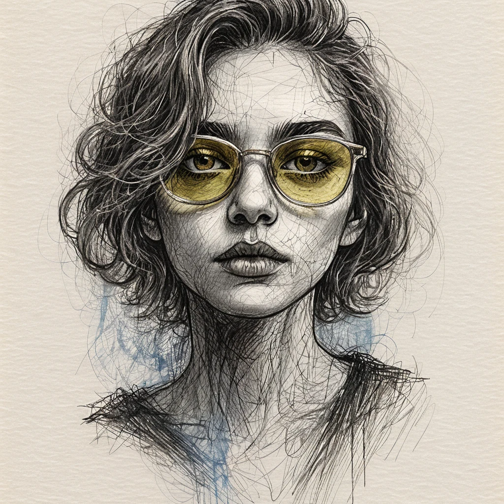Retrato en tinta contemplativo de persona andrógina con gafas