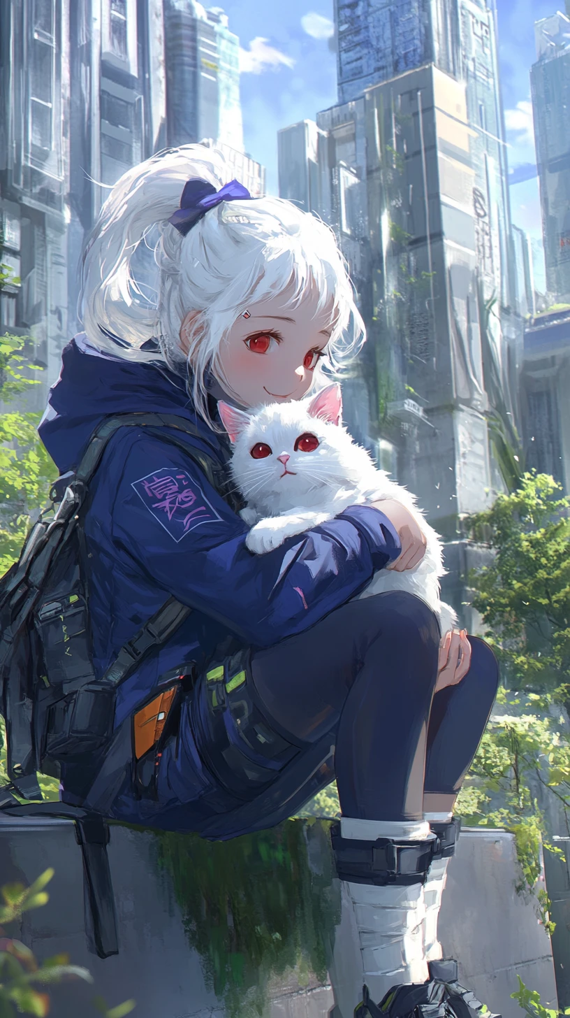 Ragazza anime gioiosa che abbraccia un gatto bianco in una città verde