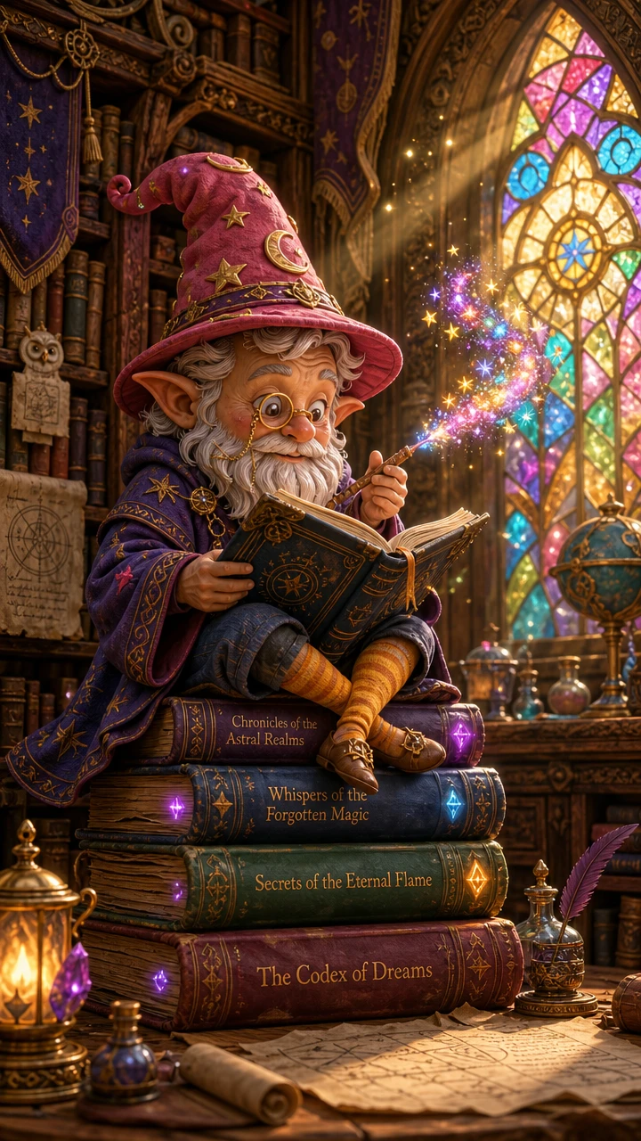 Pequeno mago lendo grimórios em uma biblioteca fantástica secreta