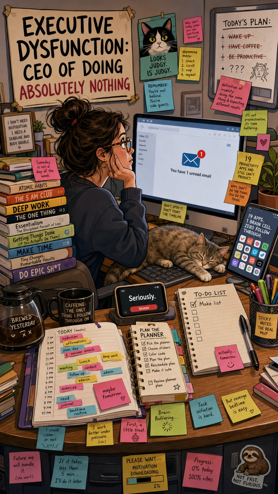 Mulher sobrecarregada cercada por planners, apps e post-its