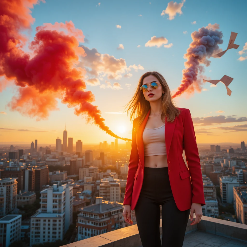 Woman on city rooftop at sunrise with colorful smoke
