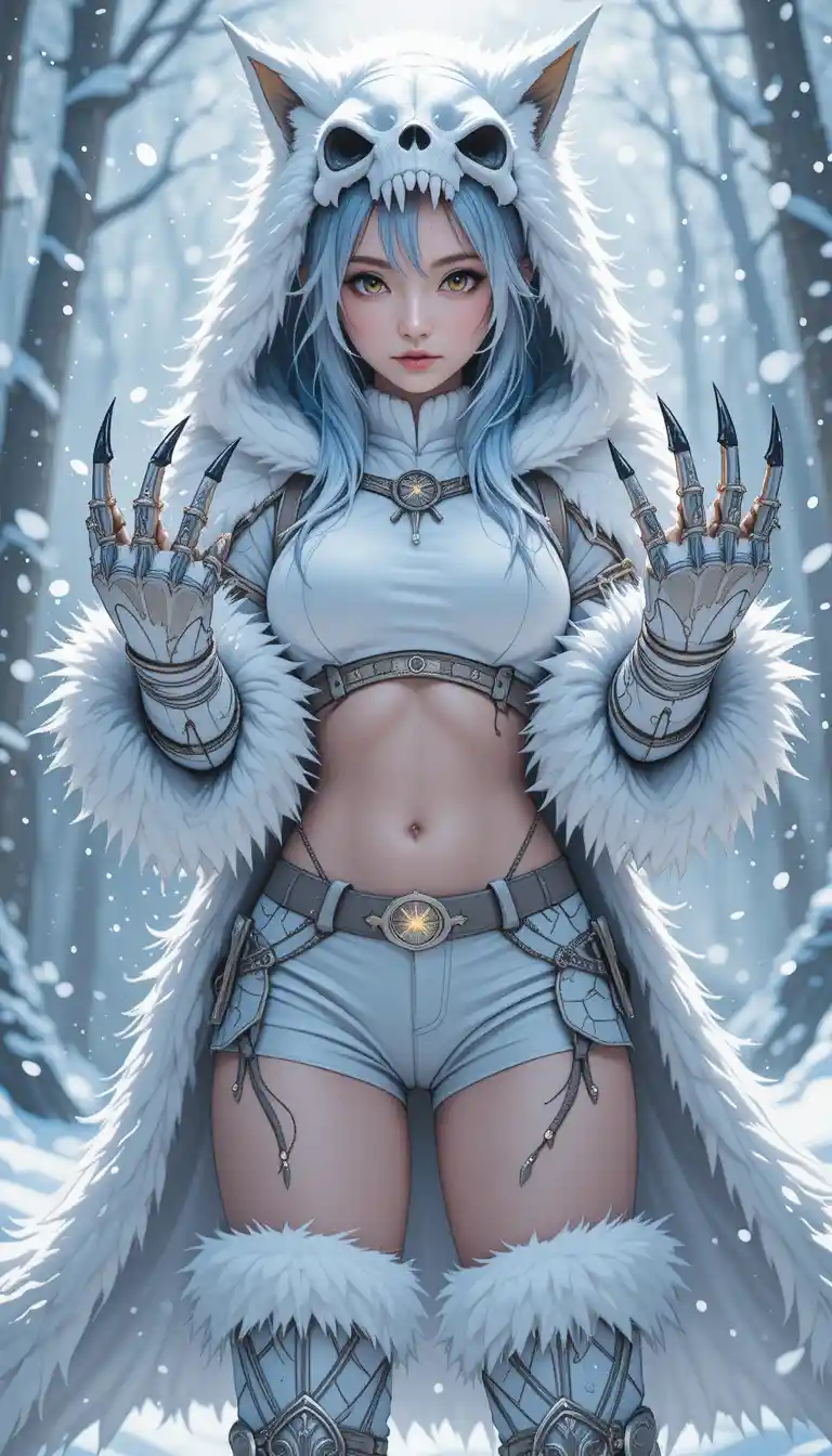 Ragazza lupo in stile anime con rune luminose in ritratto invernale