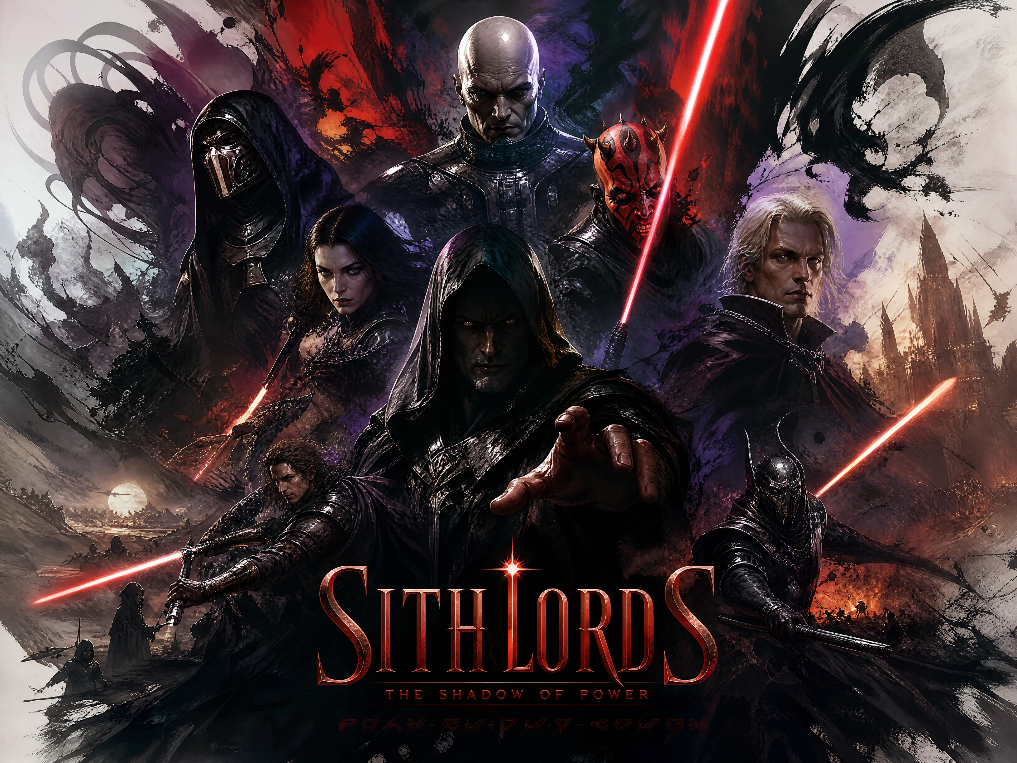 Montage épique de seigneurs Sith sous un éclairage fantastique et dramatique