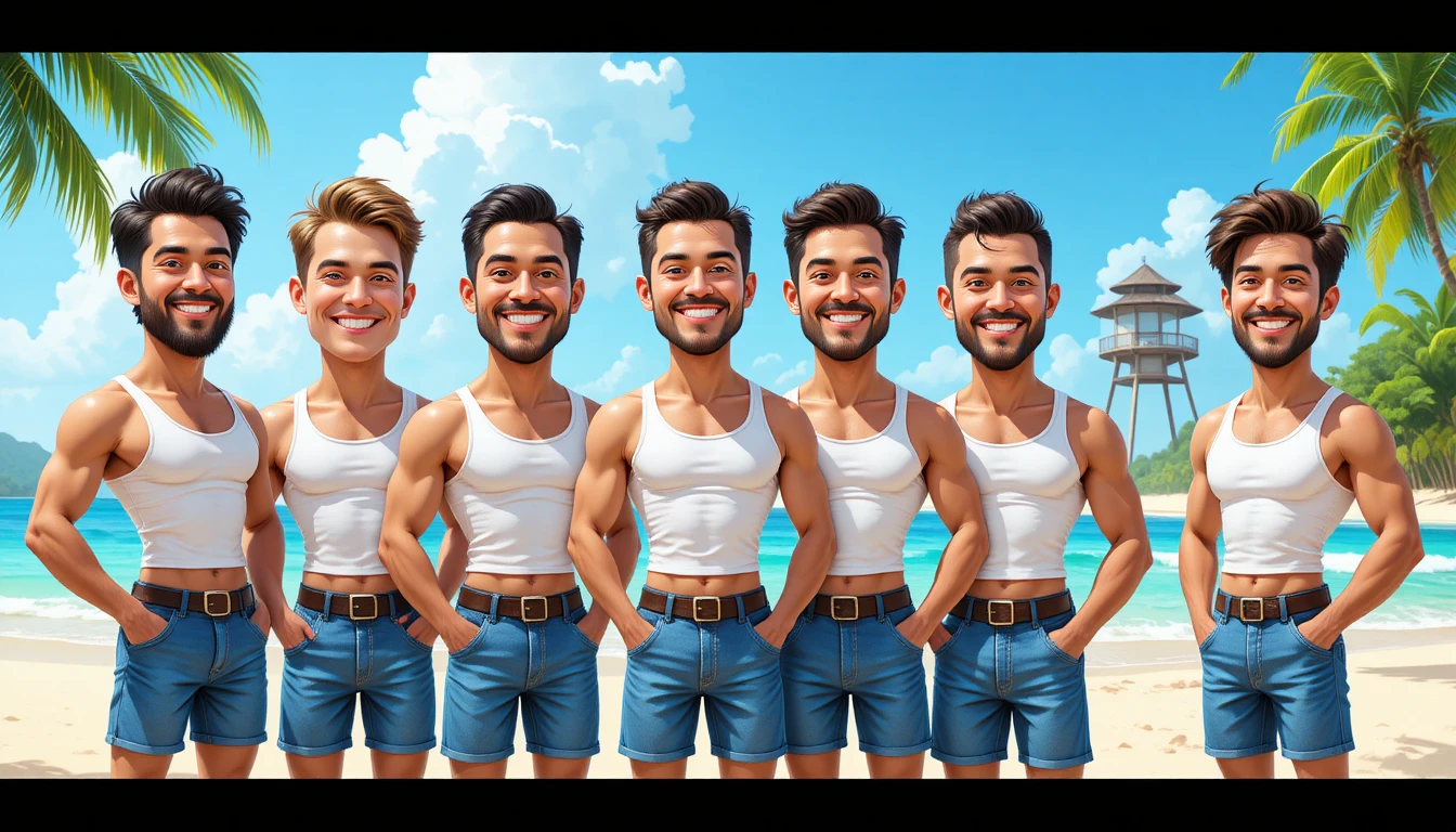 Six hommes athlétiques posant ensemble sur une plage tropicale ensoleillée