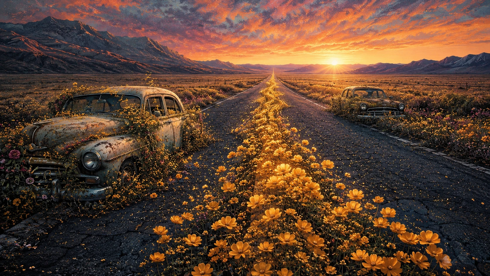 Estrada solitária ao pôr do sol desaparecendo em prados cobertos de flores silvestres