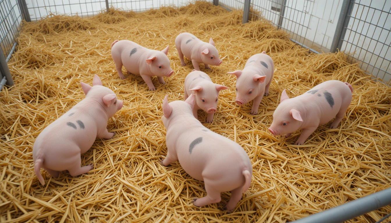 Sechs rosa Ferkel, die sich in einem Strohbarren ausruhen und umherschauen
