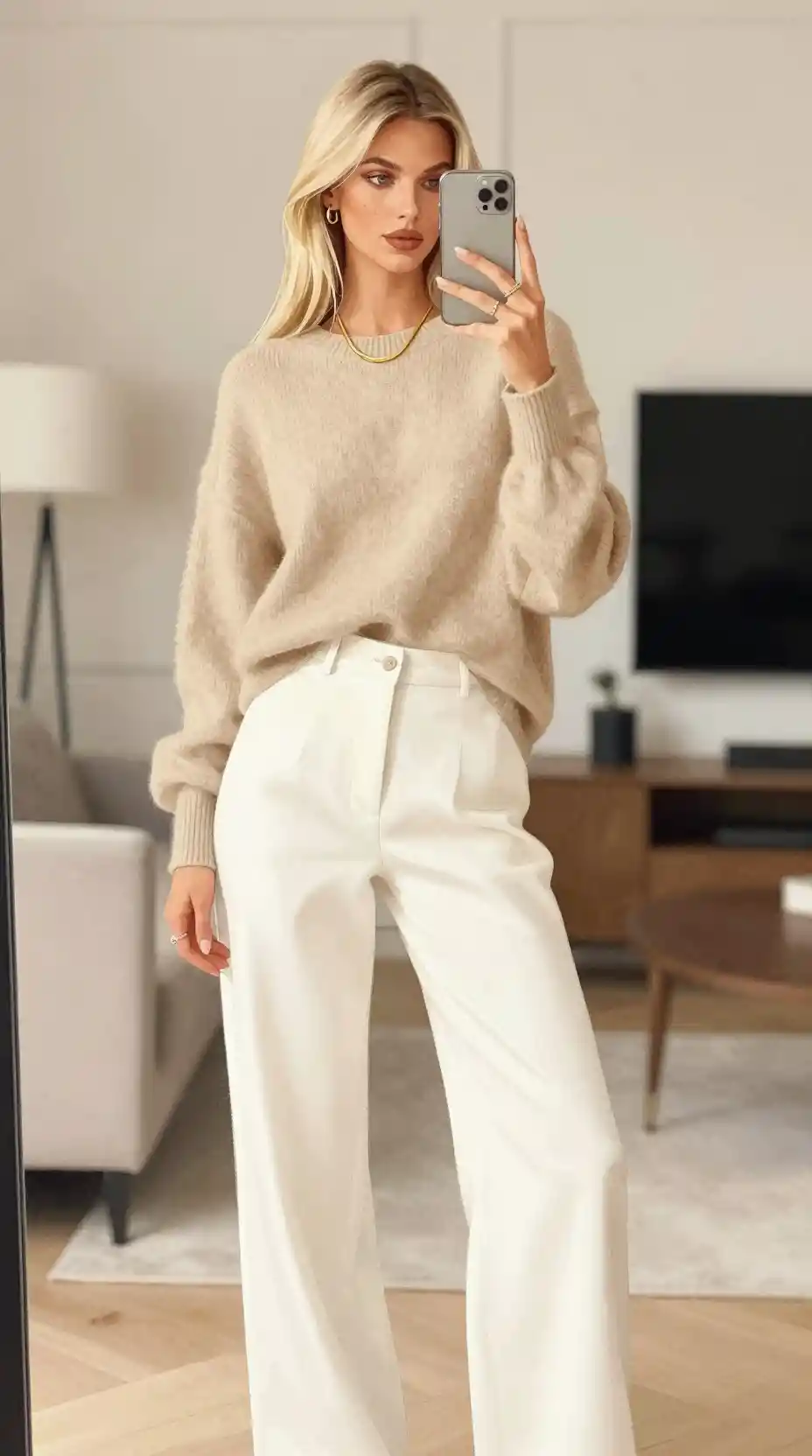 Watercolor mirror selfie of a stylish blonde woman