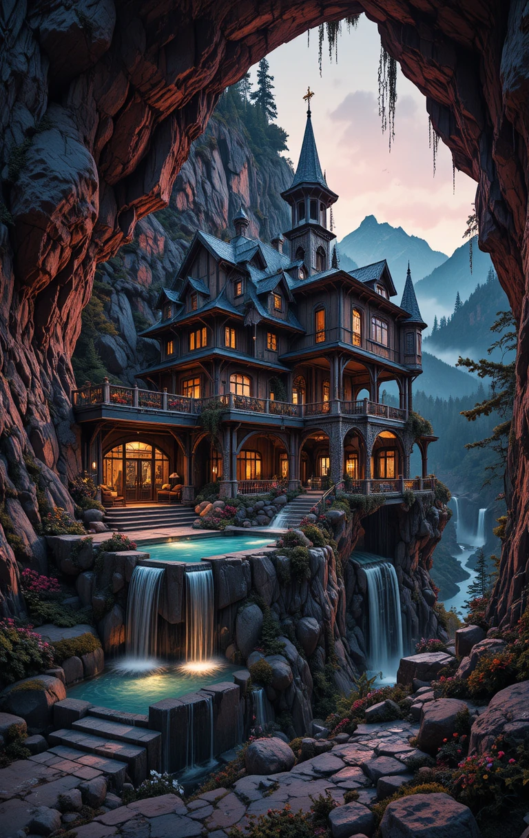 Fantasy mountain house with cascading cliffside pools
