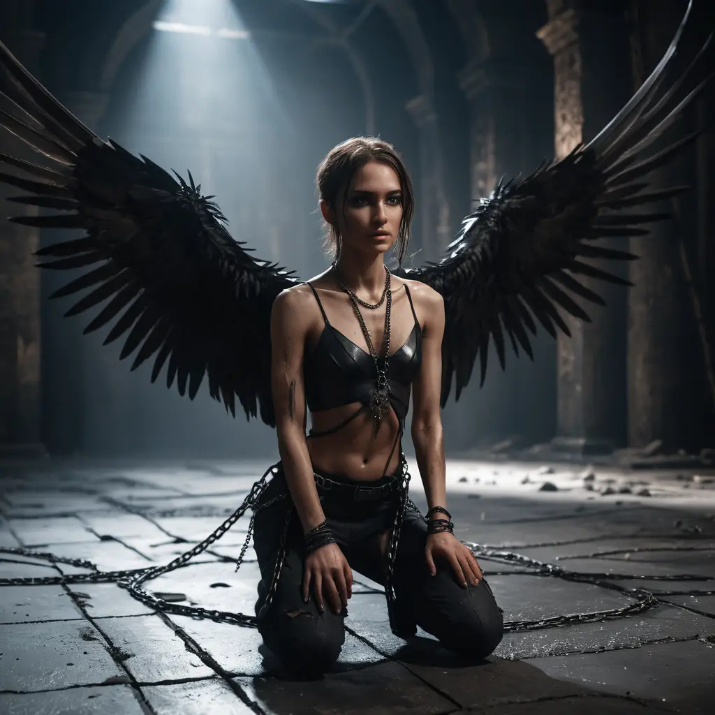 Winged woman chained in a dark dungeon with top light