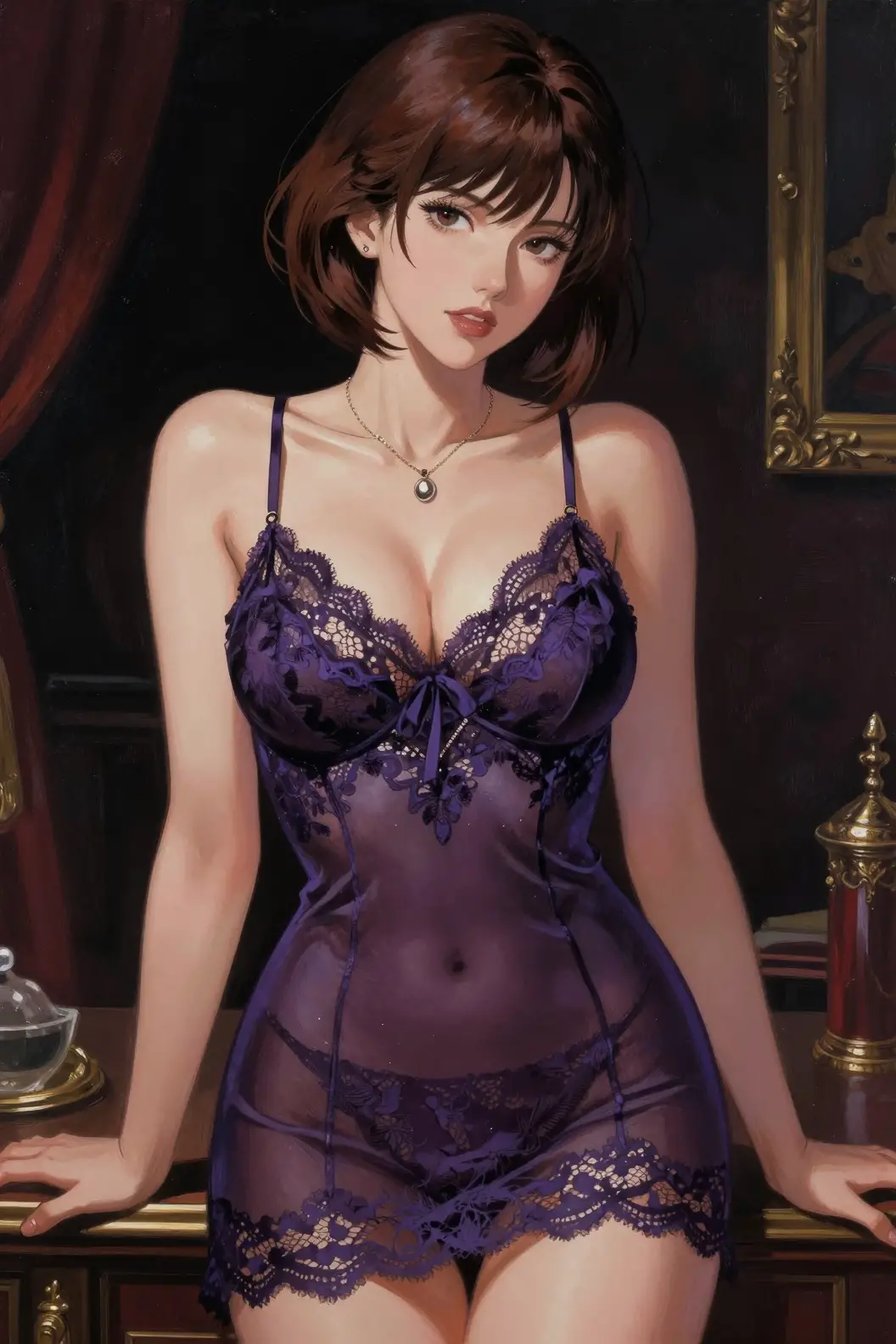 面向觀者的豐滿女子身穿紫色蕾絲睡衣