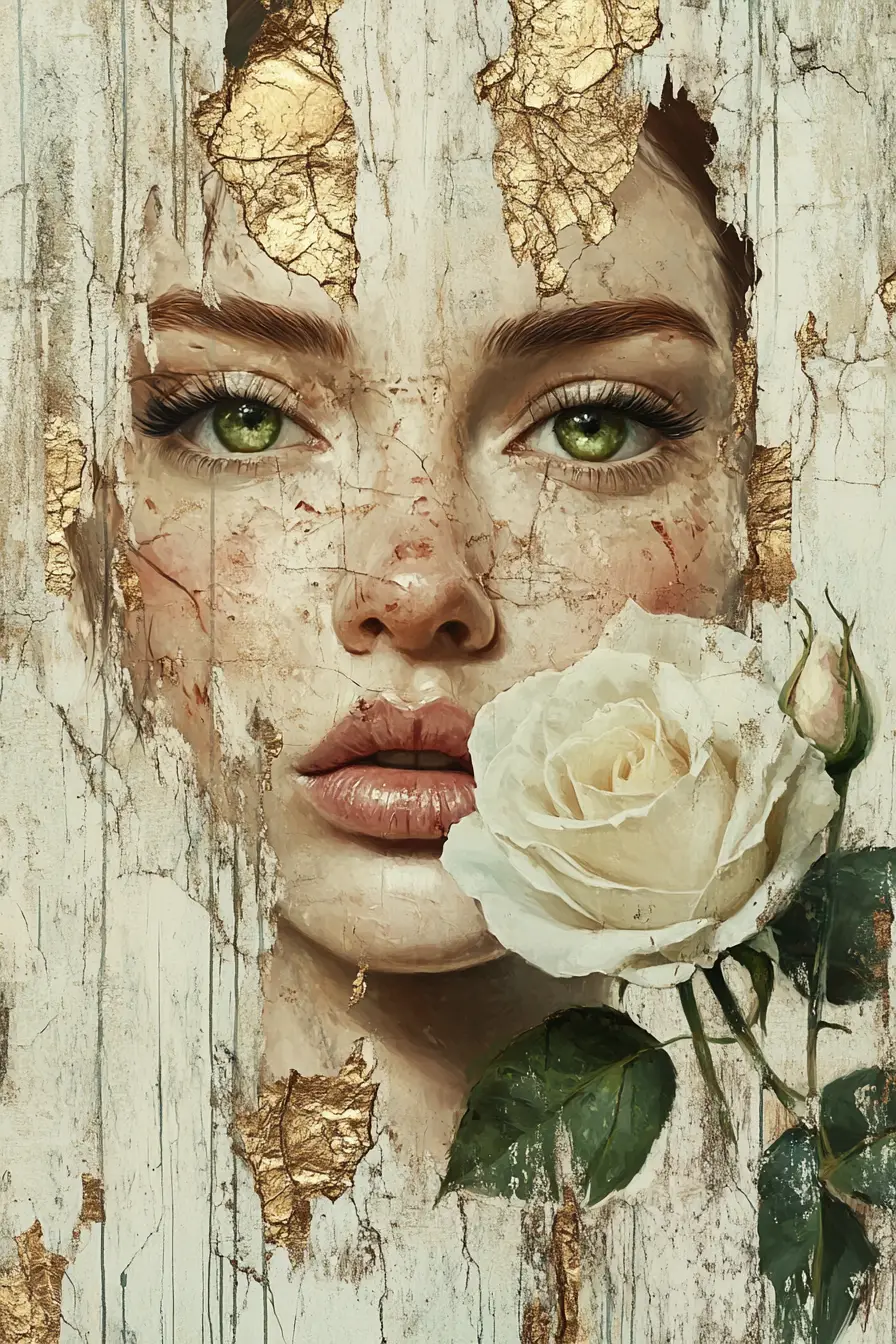 Retrato feminino com rosa branca e superfície texturizada e rachada