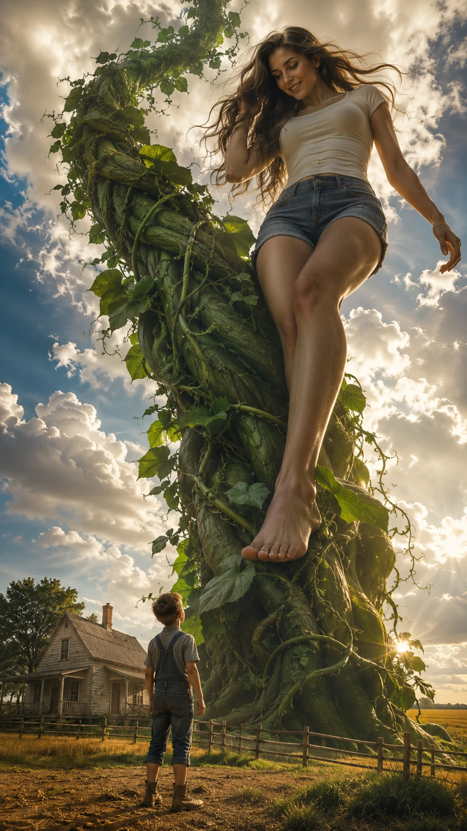 Mulher gigante descendo um pé de feijão sobre uma casa de fazenda no Kansas
