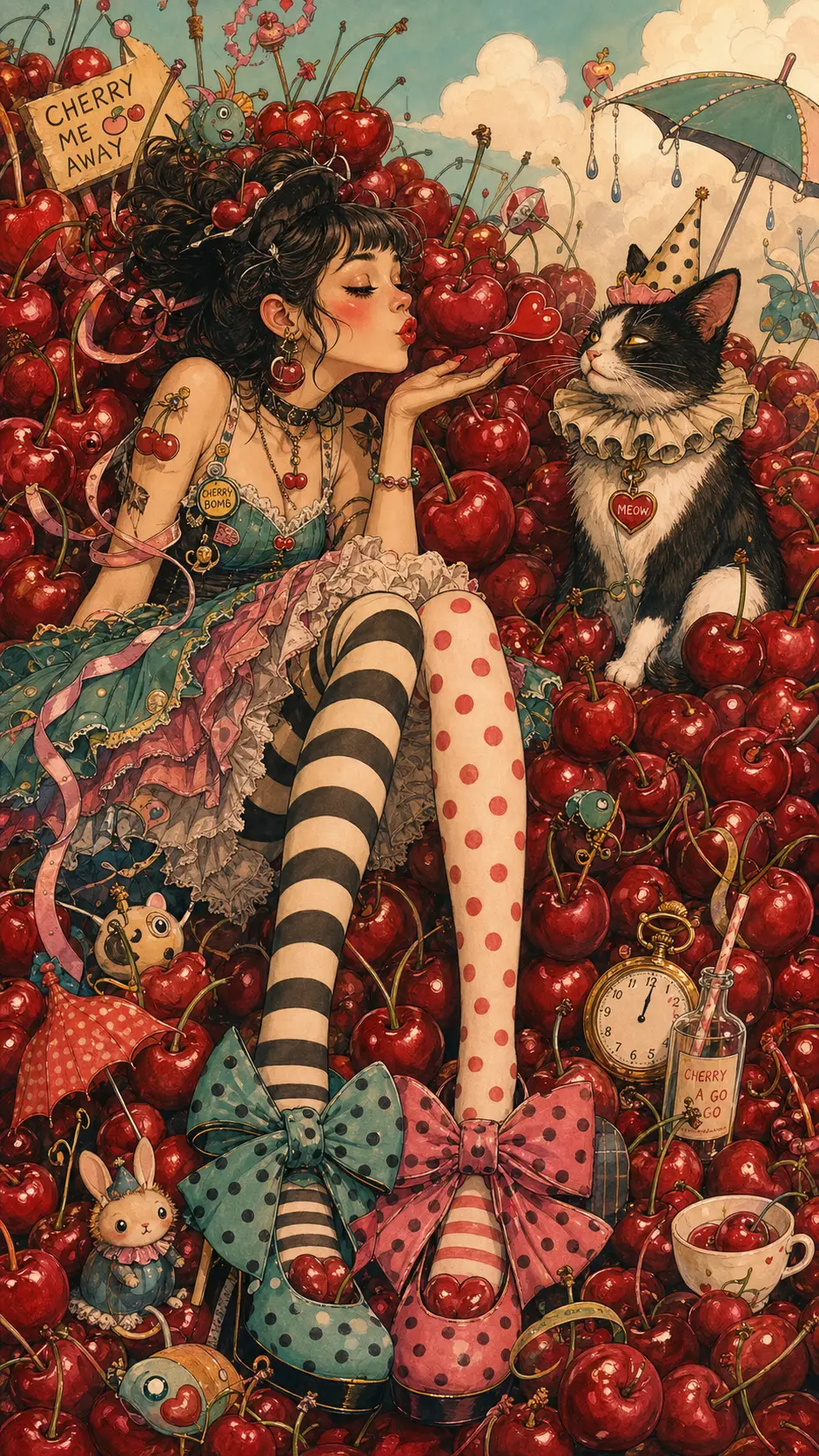Quirky girl with cat in playful cherry cartoon scene