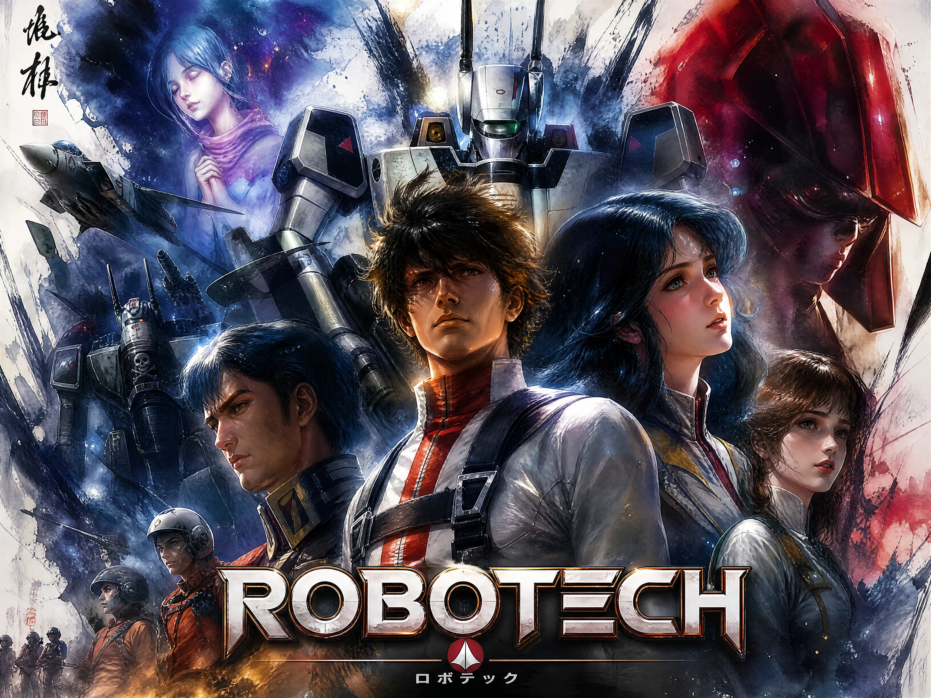 Episches Sci‑Fi‑Mecha‑Montage in dramatischer Digitalmalerei